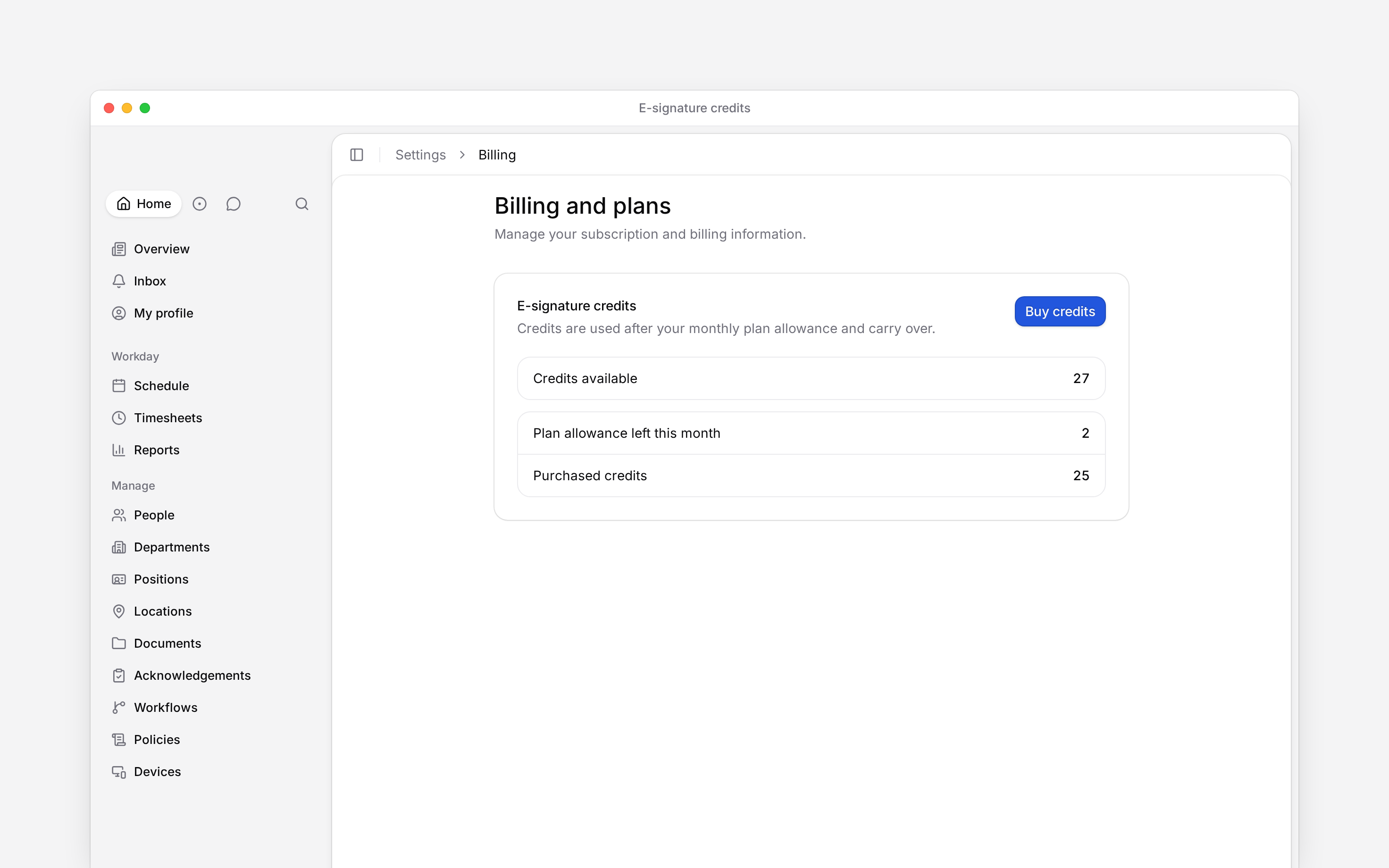 E-signature credits showing remaining monthly allowance, purchased credits and Buy credits
