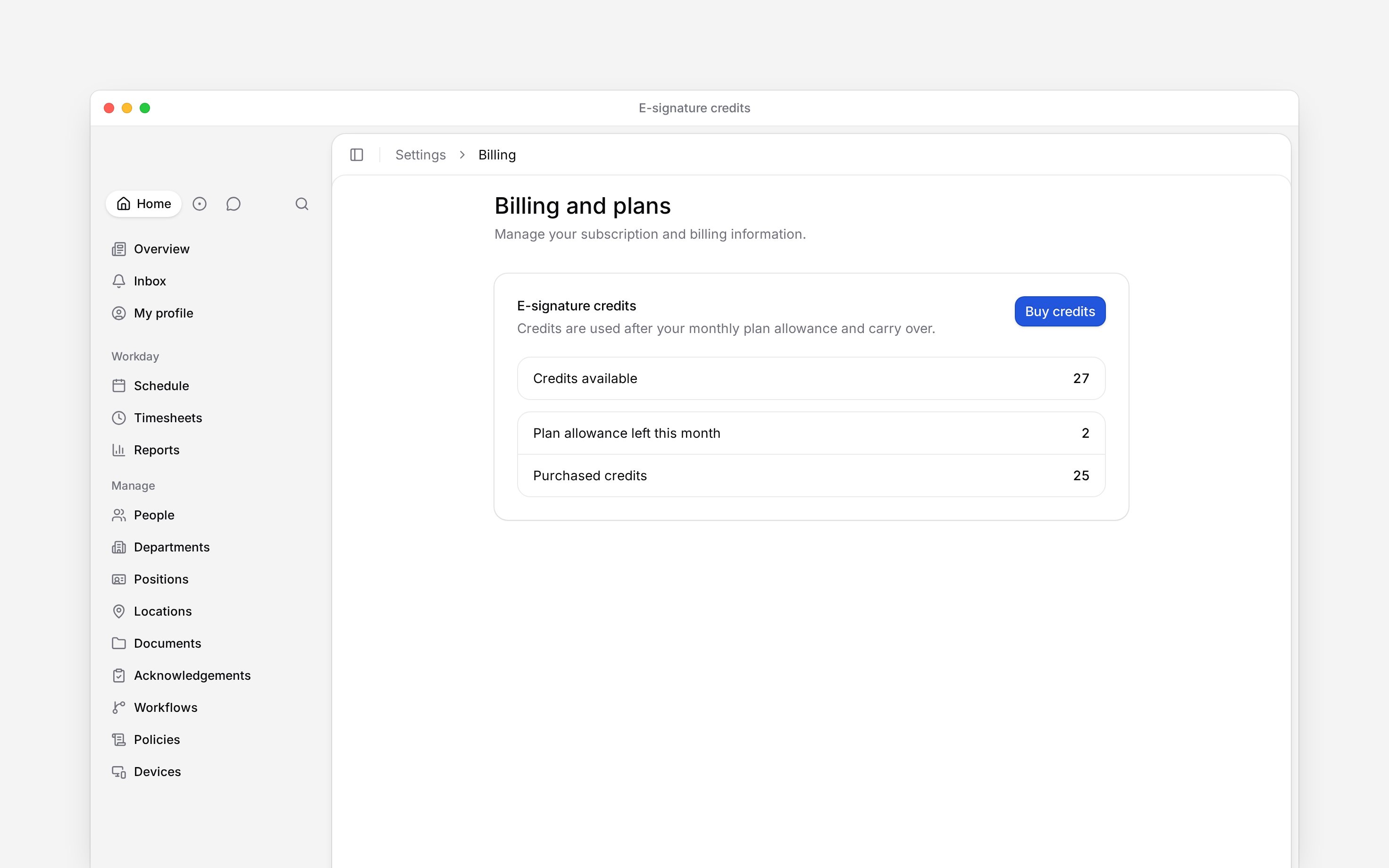E-signature credits showing remaining monthly allowance, purchased credits and Buy credits