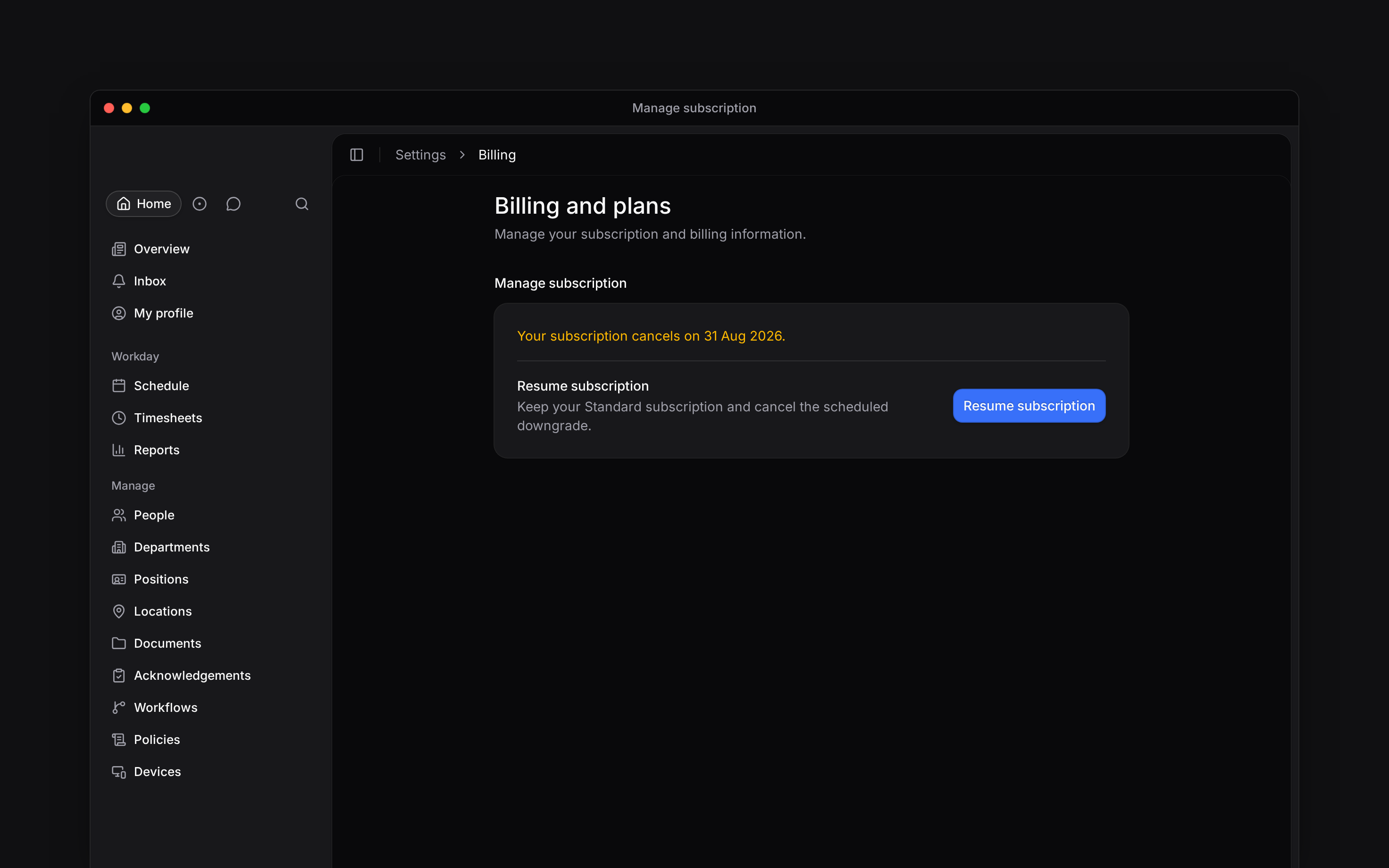 Manage subscription showing the date a subscription will cancel and a Resume subscription button
