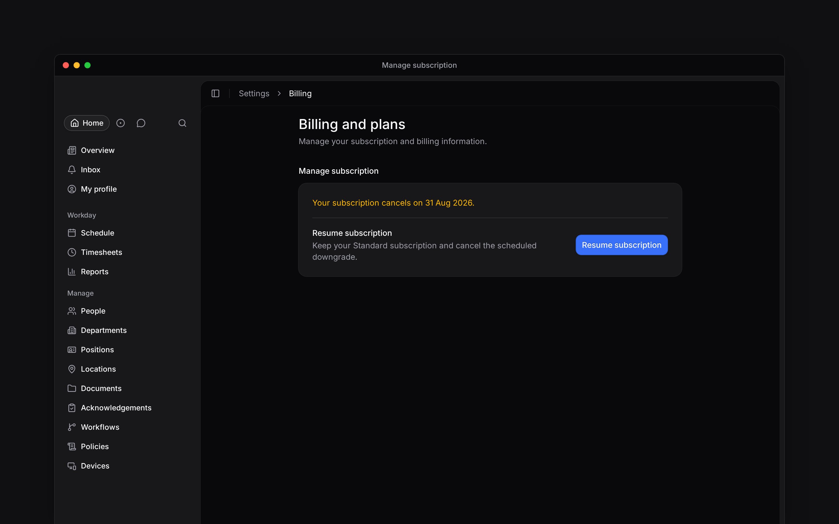 Manage subscription showing the date a subscription will cancel and a Resume subscription button