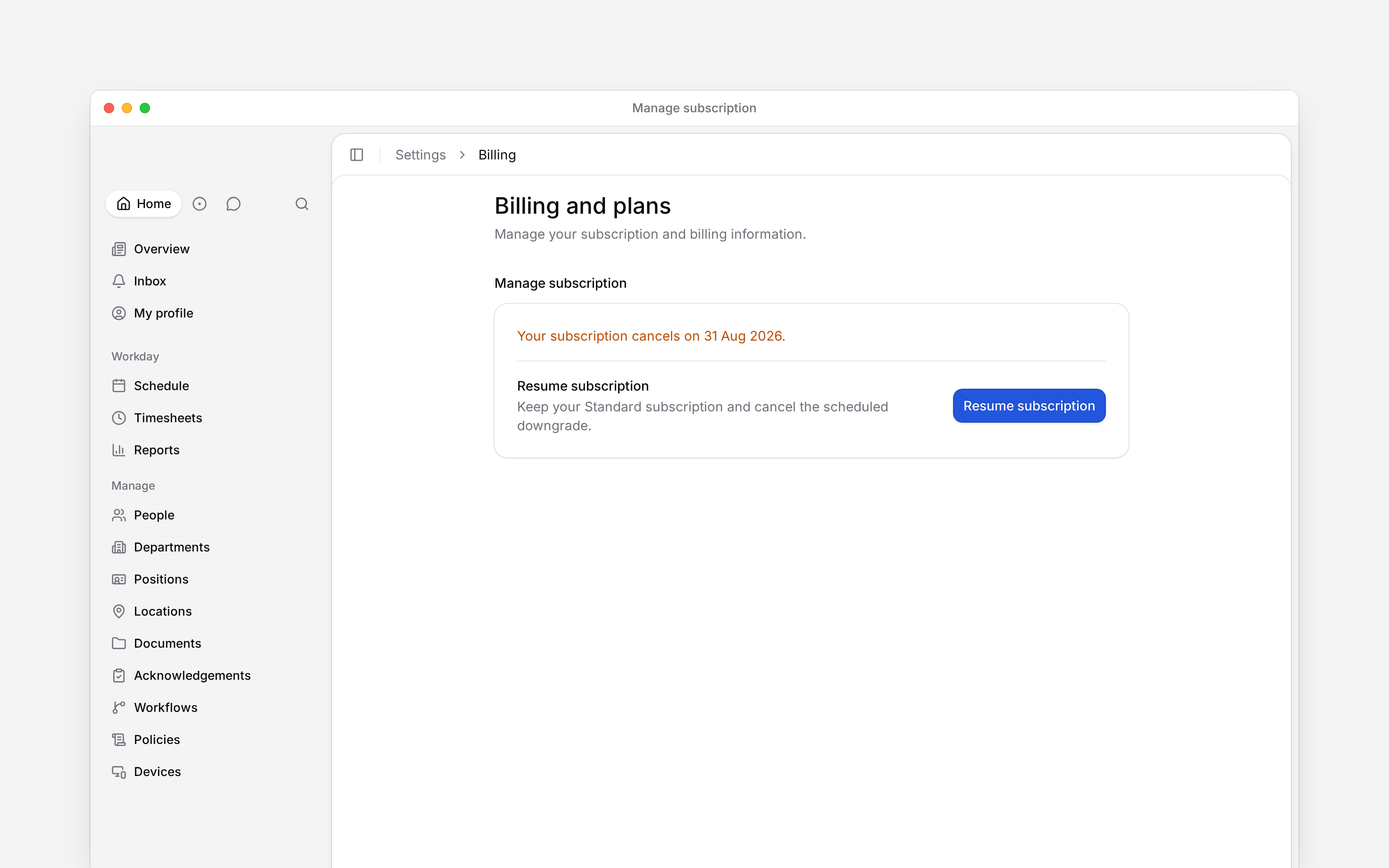 Manage subscription showing the date a subscription will cancel and a Resume subscription button