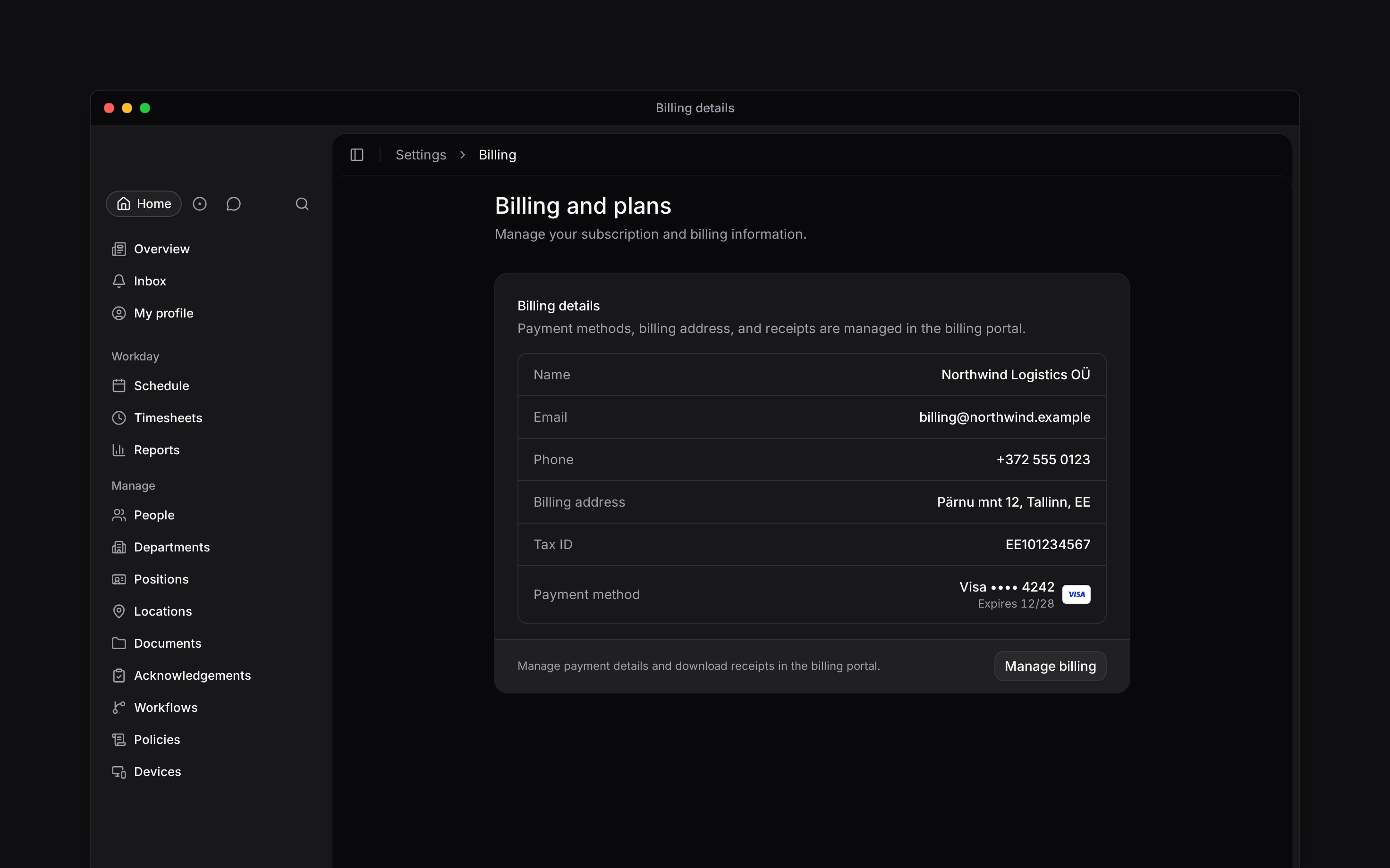 Billing details showing the workspace billing contact, address, Tax ID, Visa card and Manage billing button