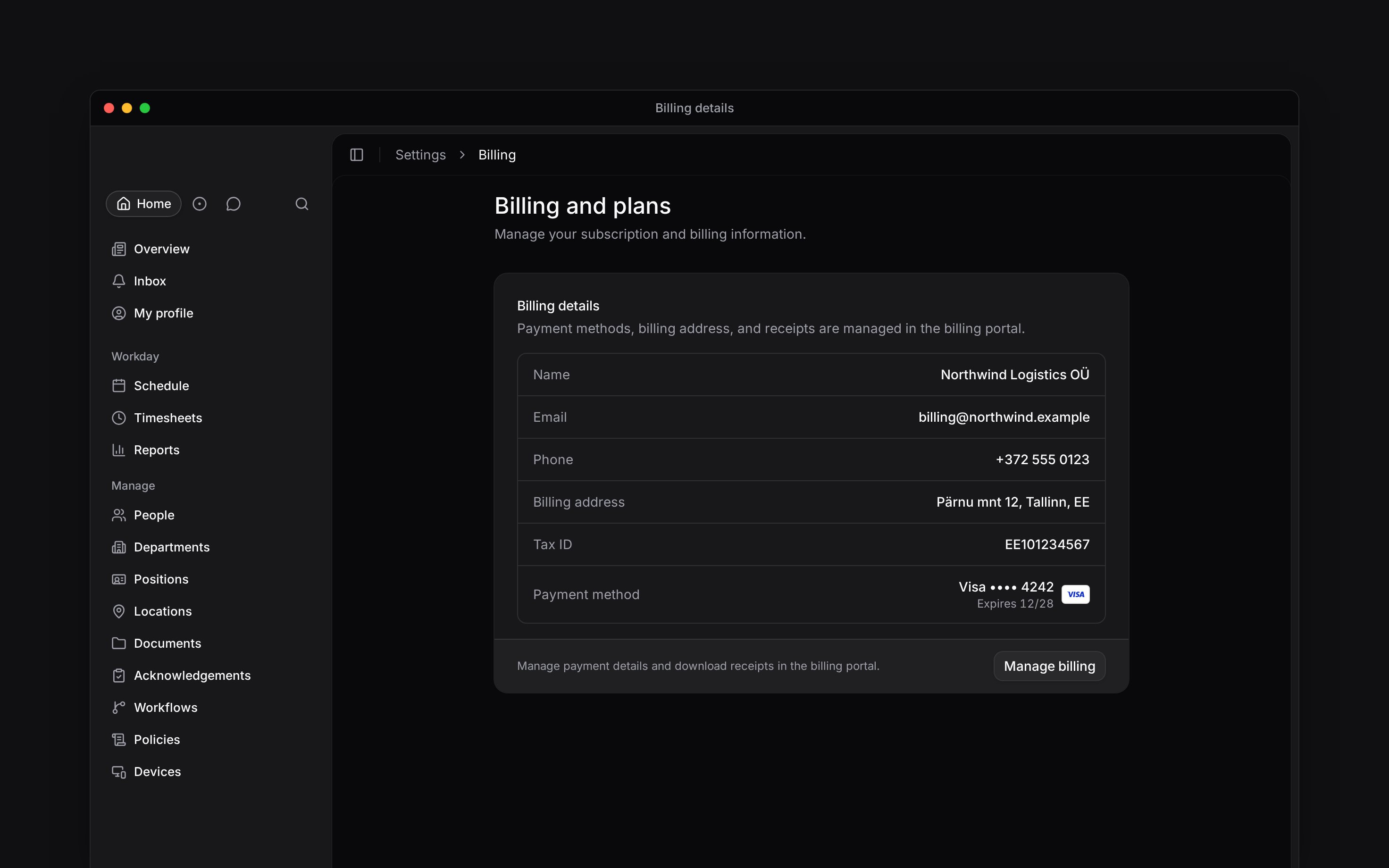 Billing details showing the workspace billing contact, address, Tax ID, Visa card and Manage billing button