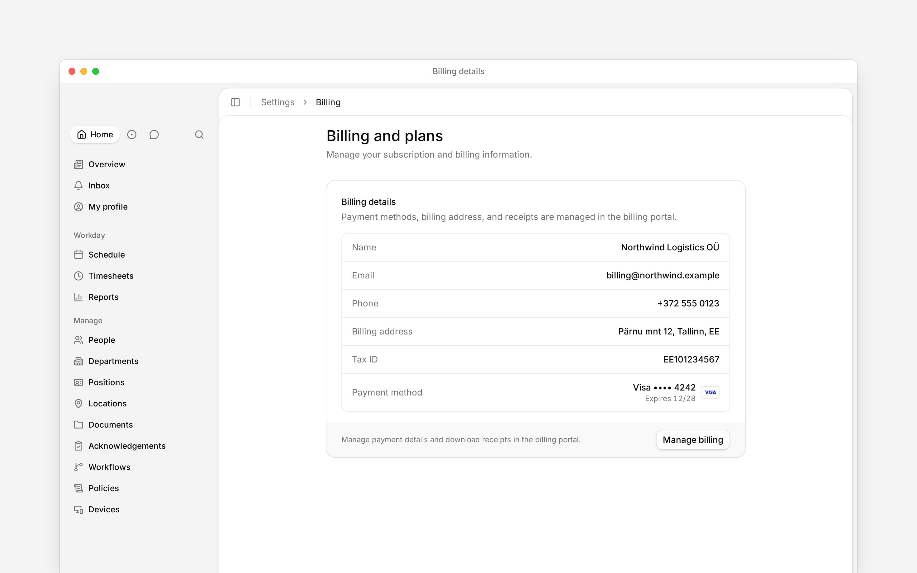 Billing details showing the workspace billing contact, address, Tax ID, Visa card and Manage billing button