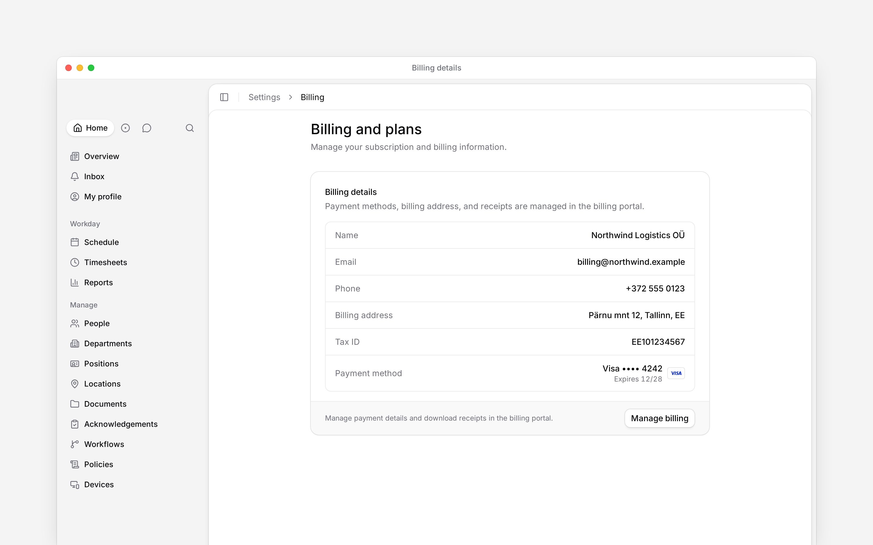 Billing details showing the workspace billing contact, address, Tax ID, Visa card and Manage billing button