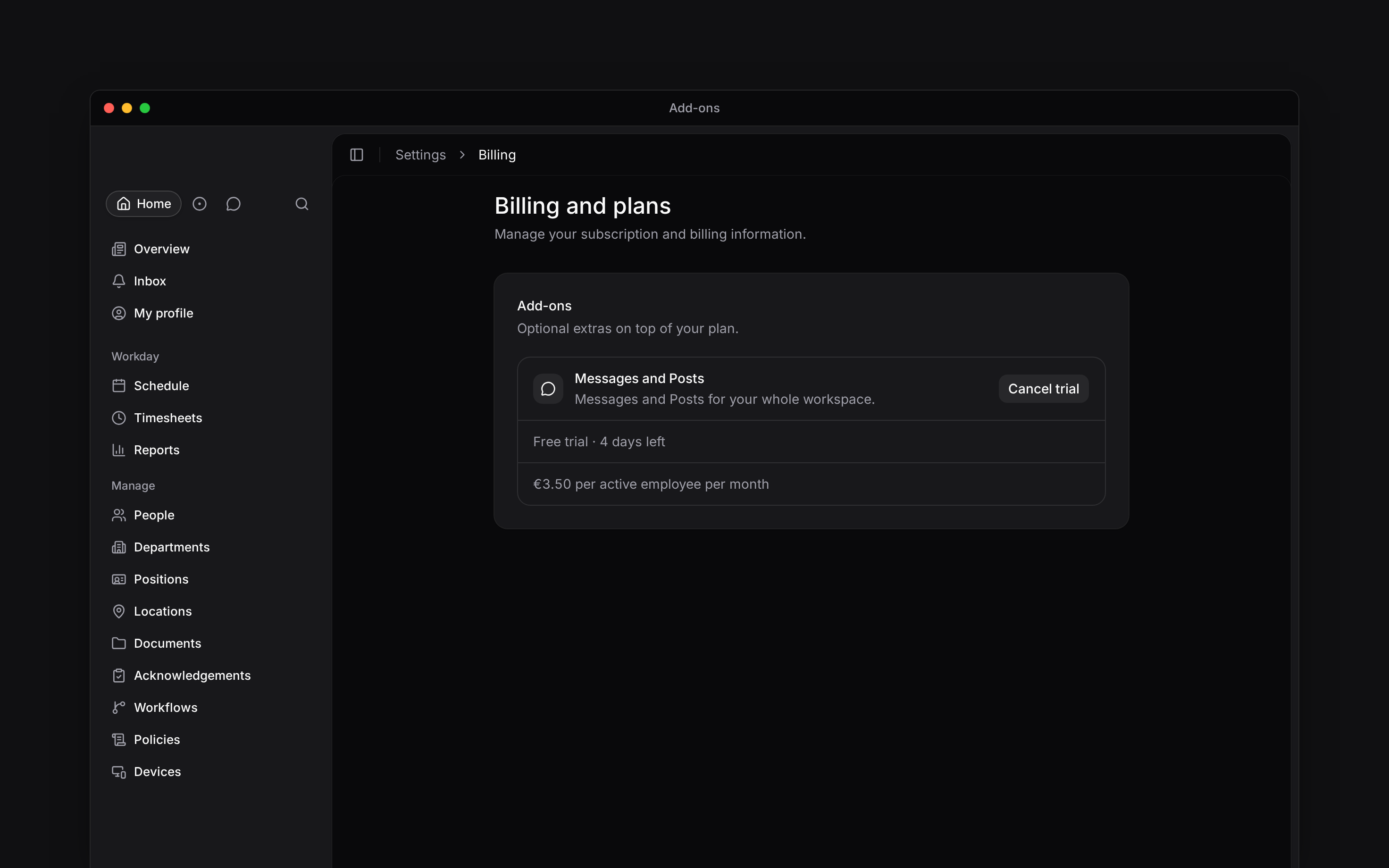 The Add-ons card showing Messages and Posts with a free trial and its days remaining