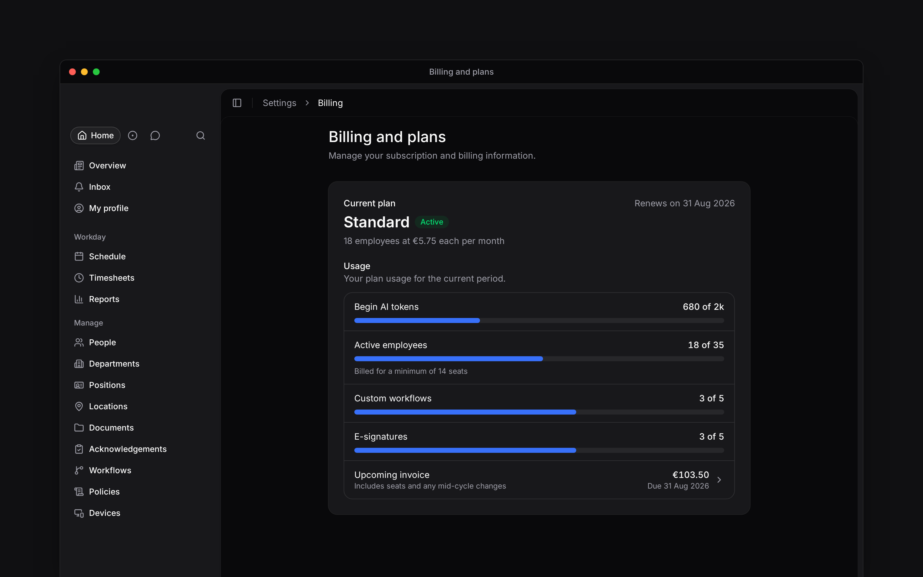 Billing and plans showing the Standard plan with usage for Begin AI tokens, active employees, custom workflows and e-signatures