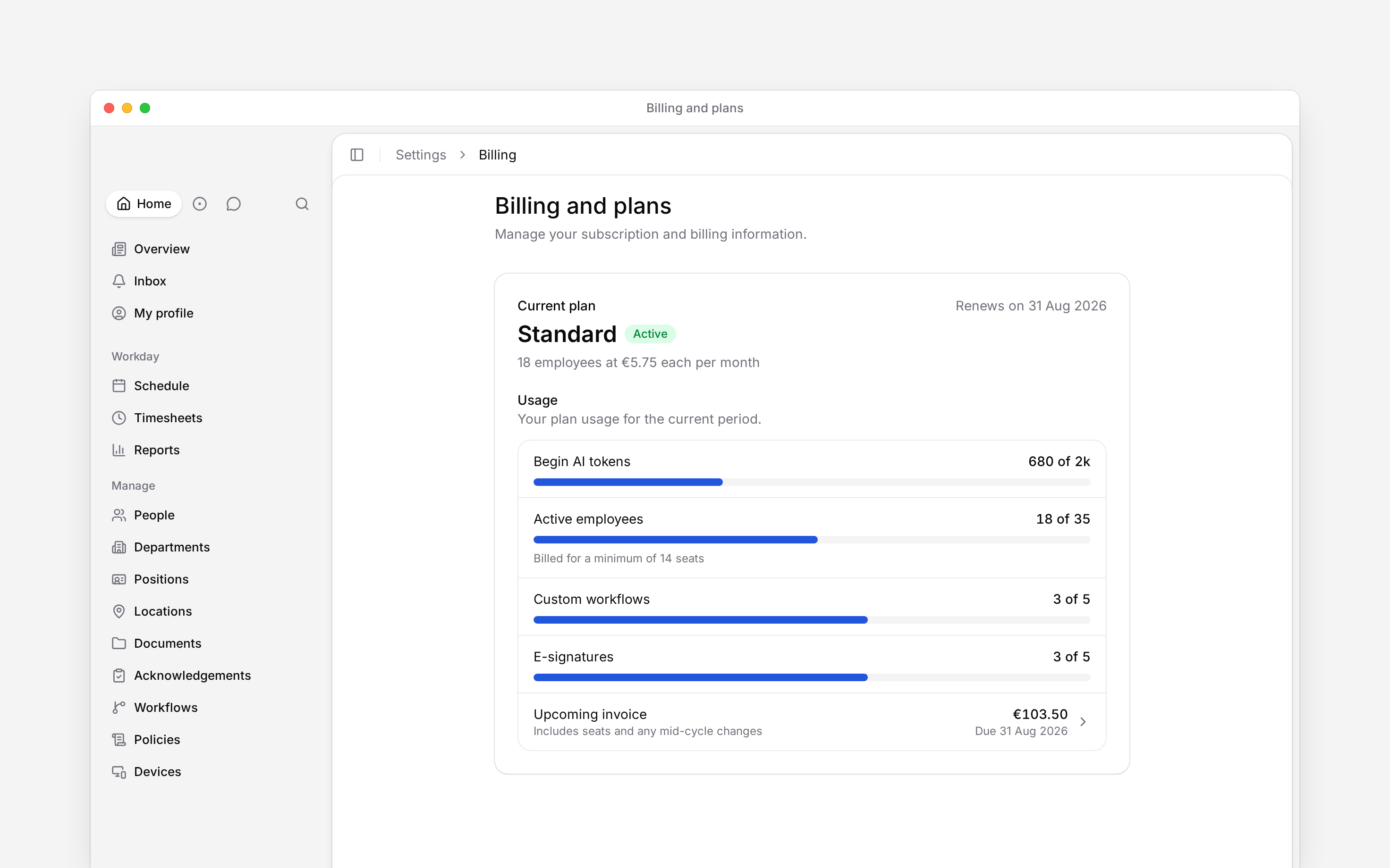 Billing and plans showing the Standard plan with usage for Begin AI tokens, active employees, custom workflows and e-signatures