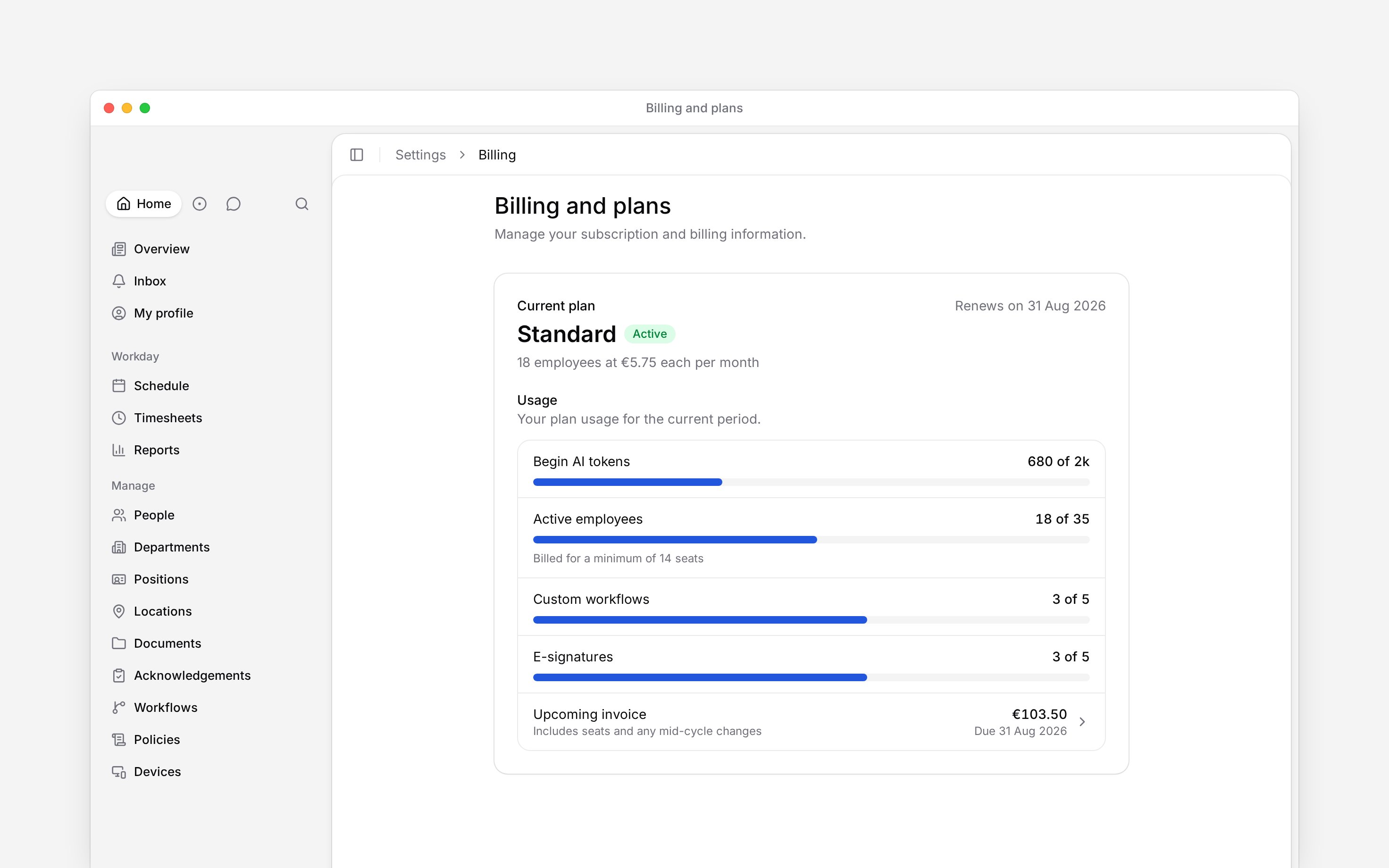Billing and plans showing the Standard plan with usage for Begin AI tokens, active employees, custom workflows and e-signatures