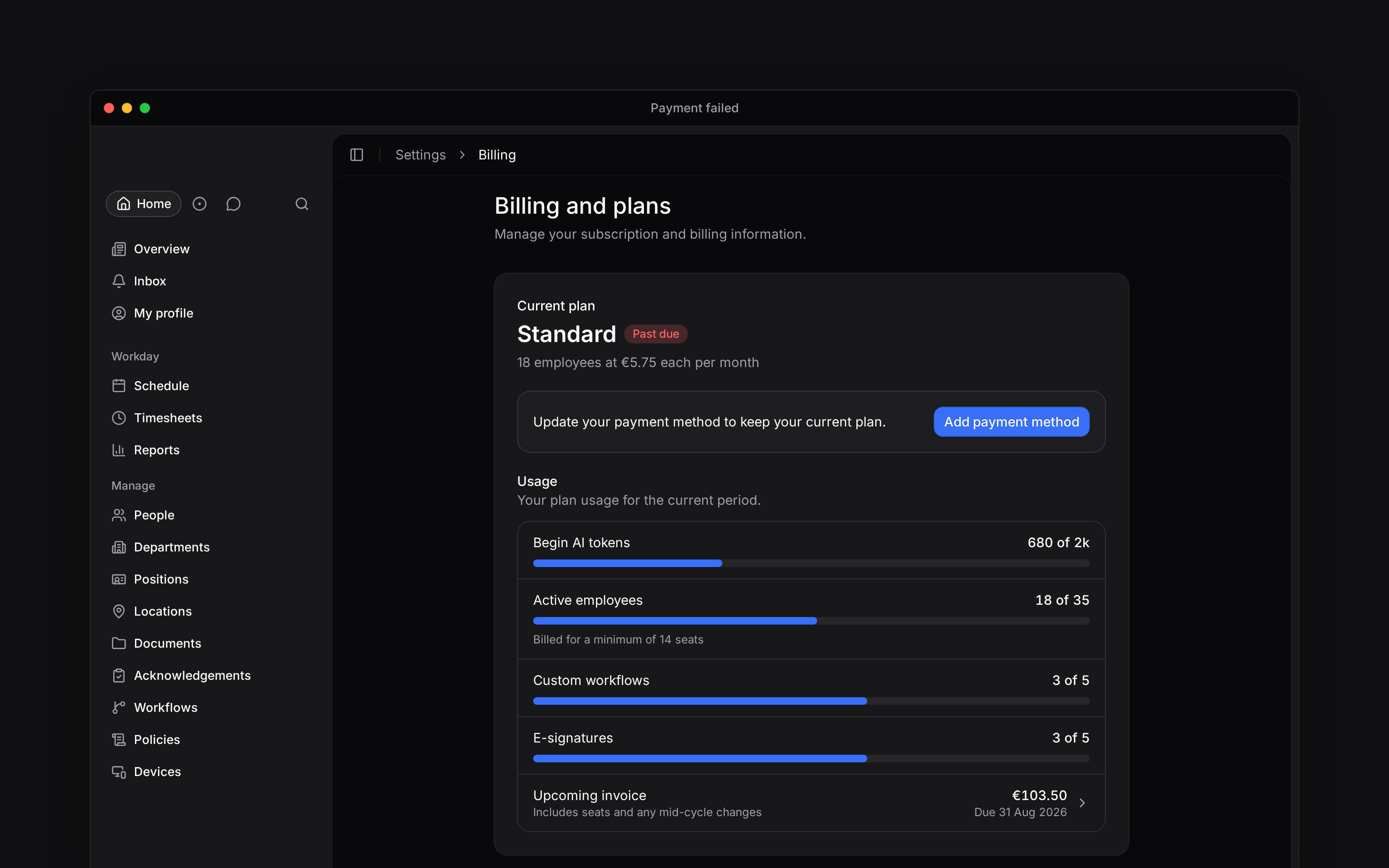 The Current plan card marked Past due with an Update your payment method prompt