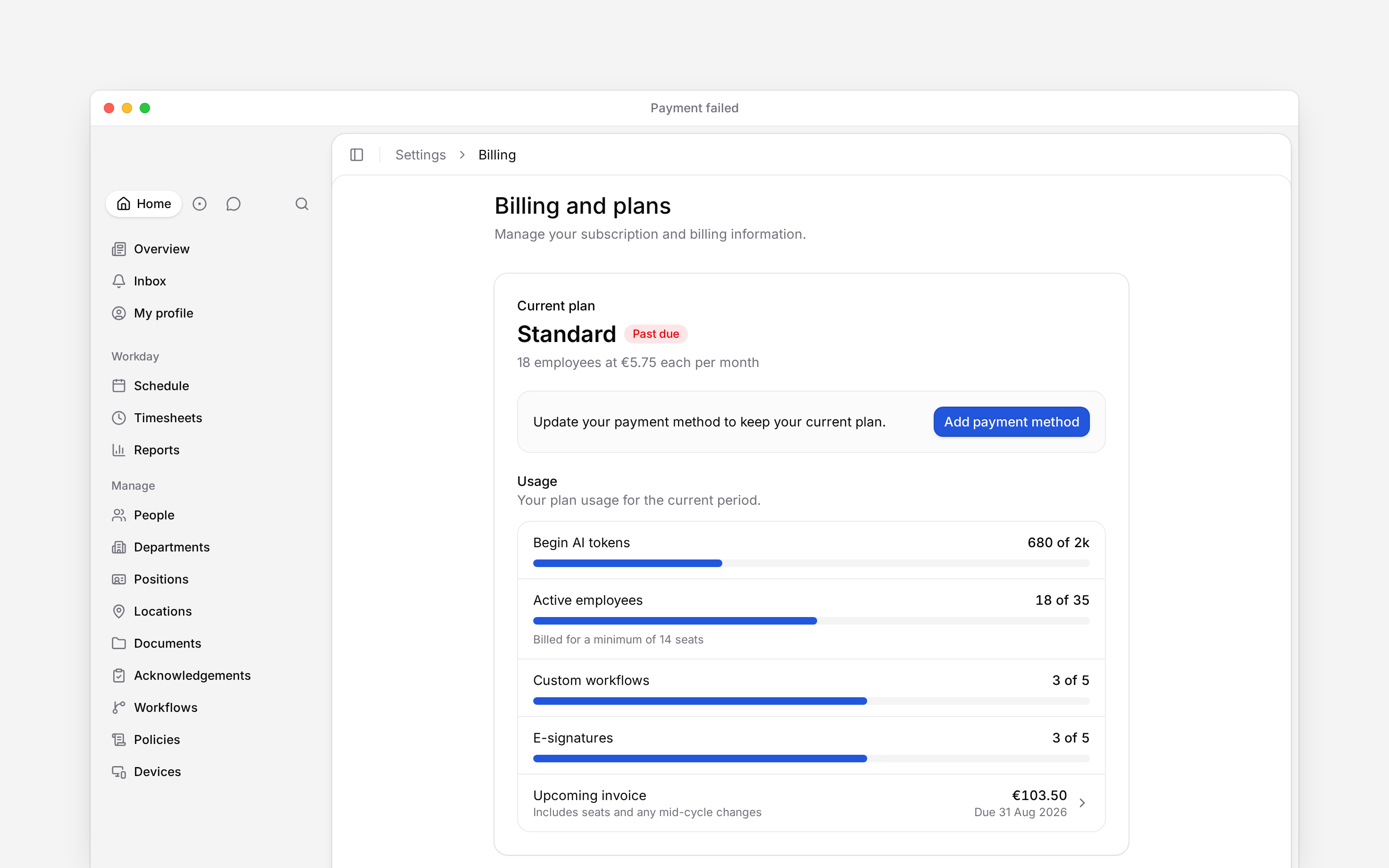 The Current plan card marked Past due with an Update your payment method prompt