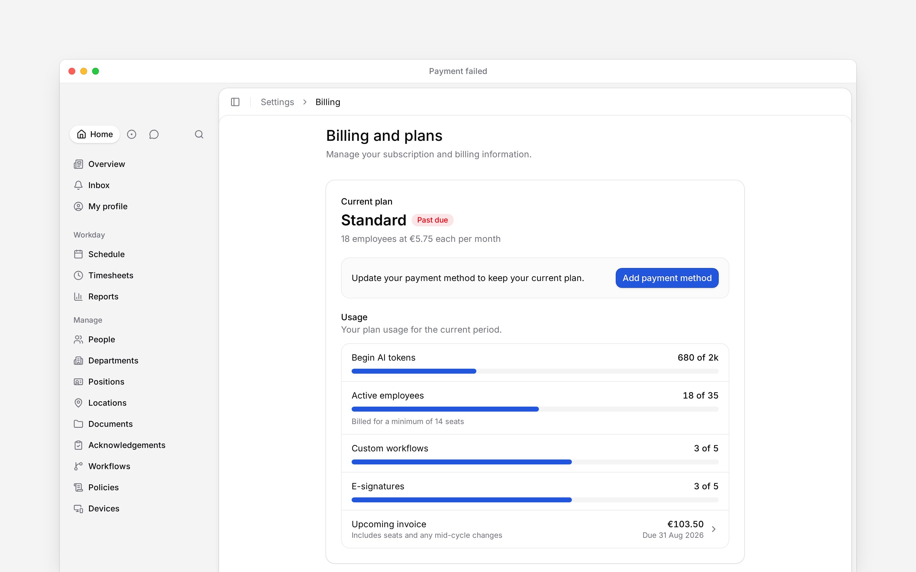 The Current plan card marked Past due with an Update your payment method prompt