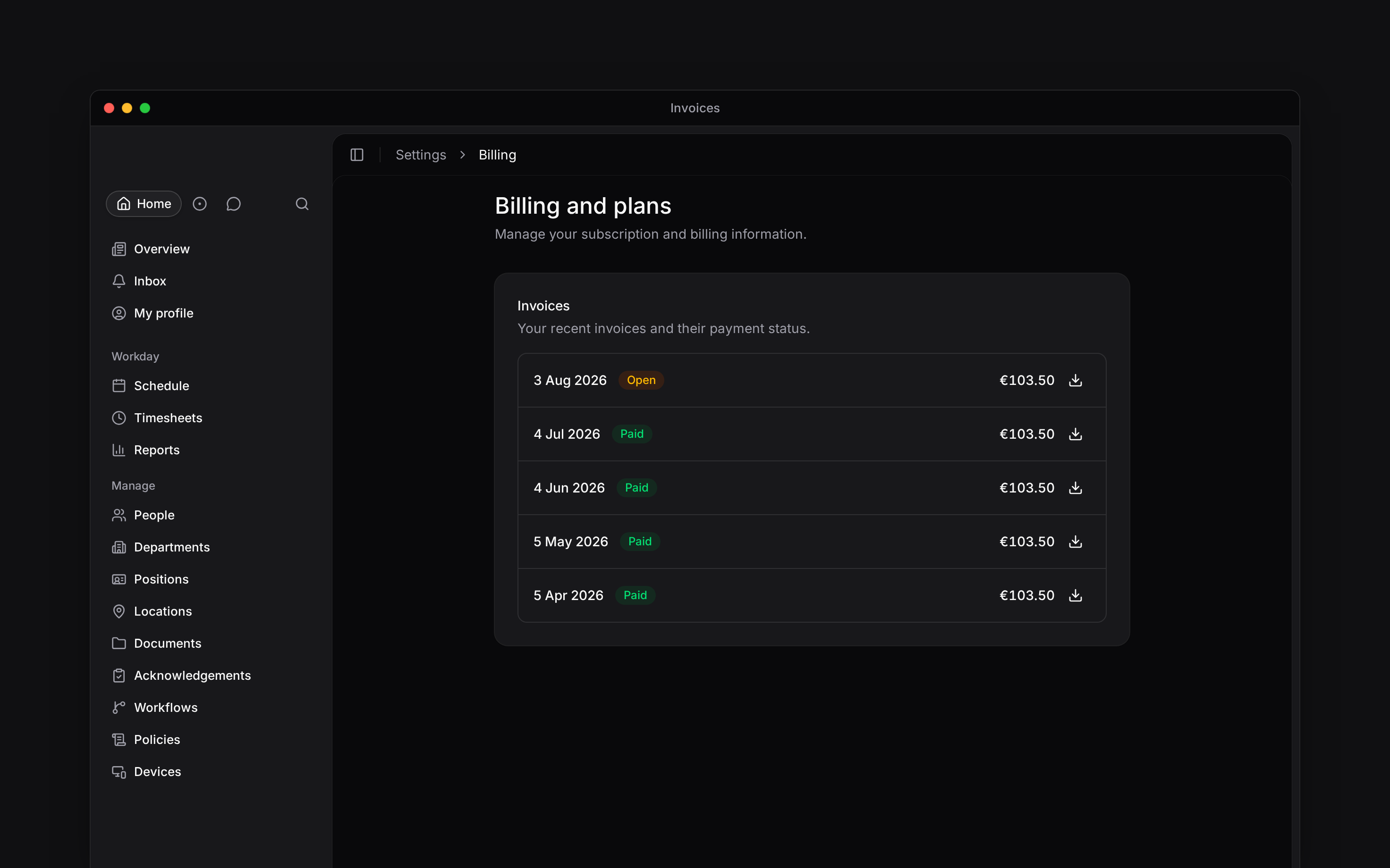 Recent invoices with payment dates, Paid and Open statuses, amounts and download controls