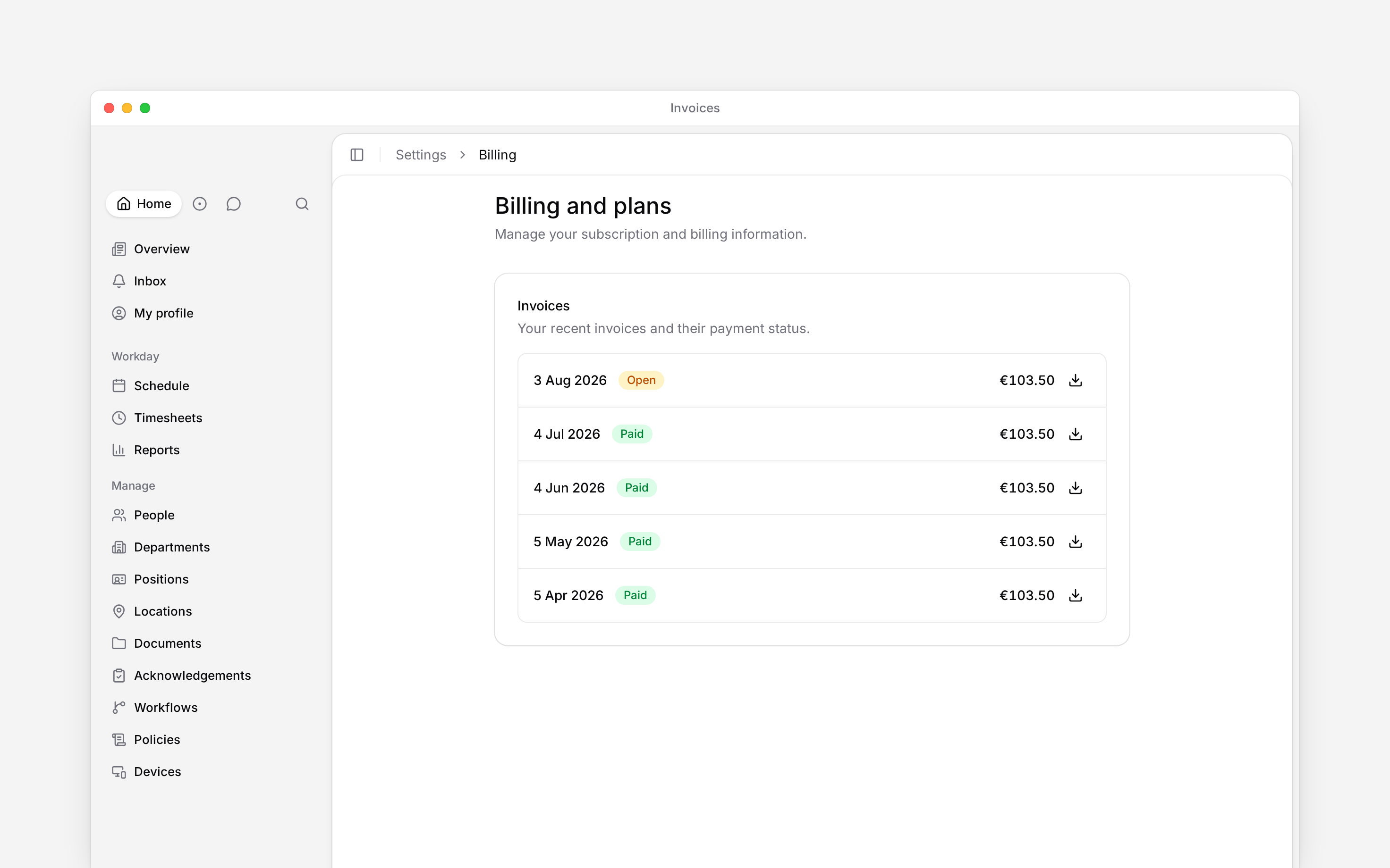 Recent invoices with payment dates, Paid and Open statuses, amounts and download controls