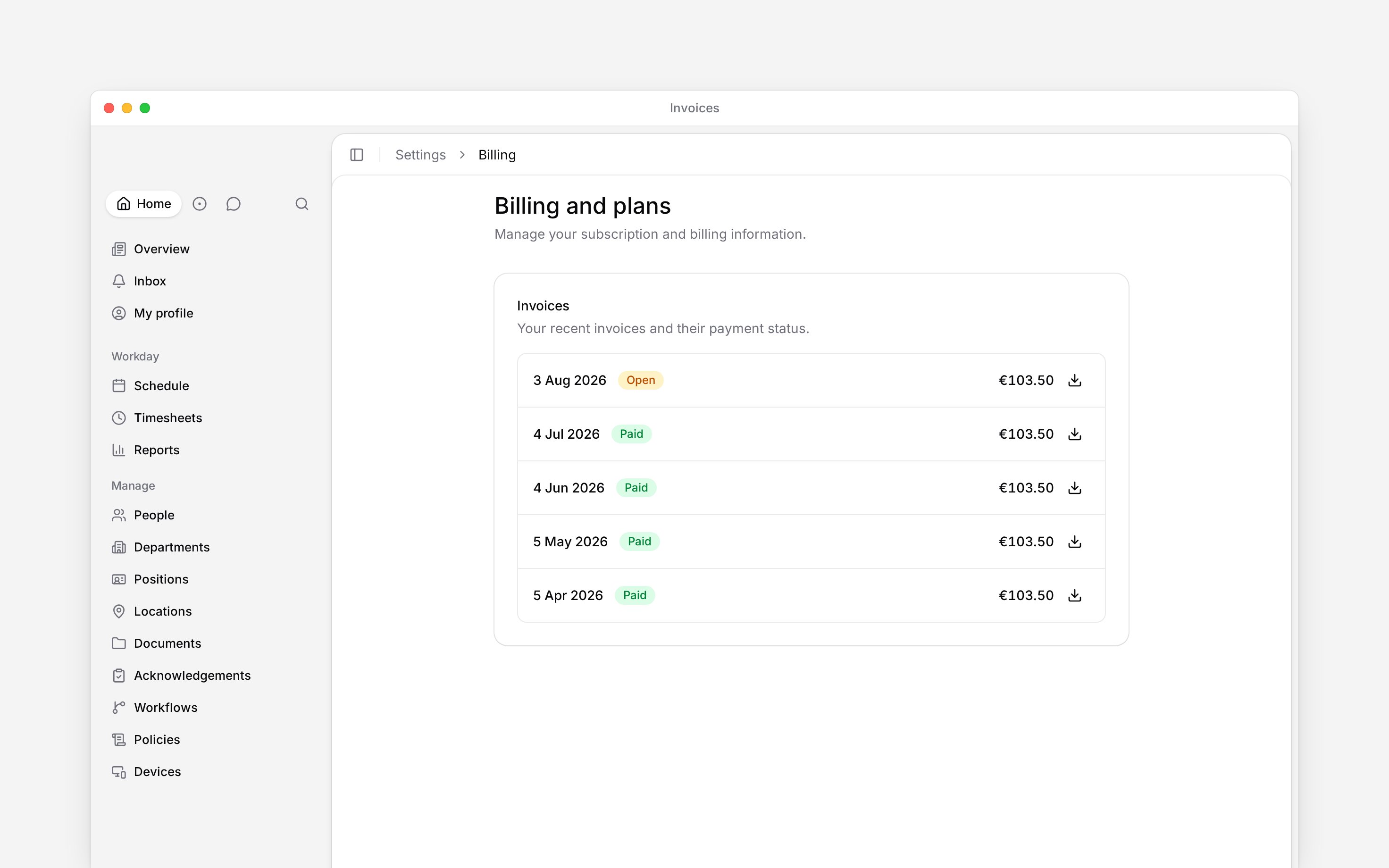 Recent invoices with payment dates, Paid and Open statuses, amounts and download controls