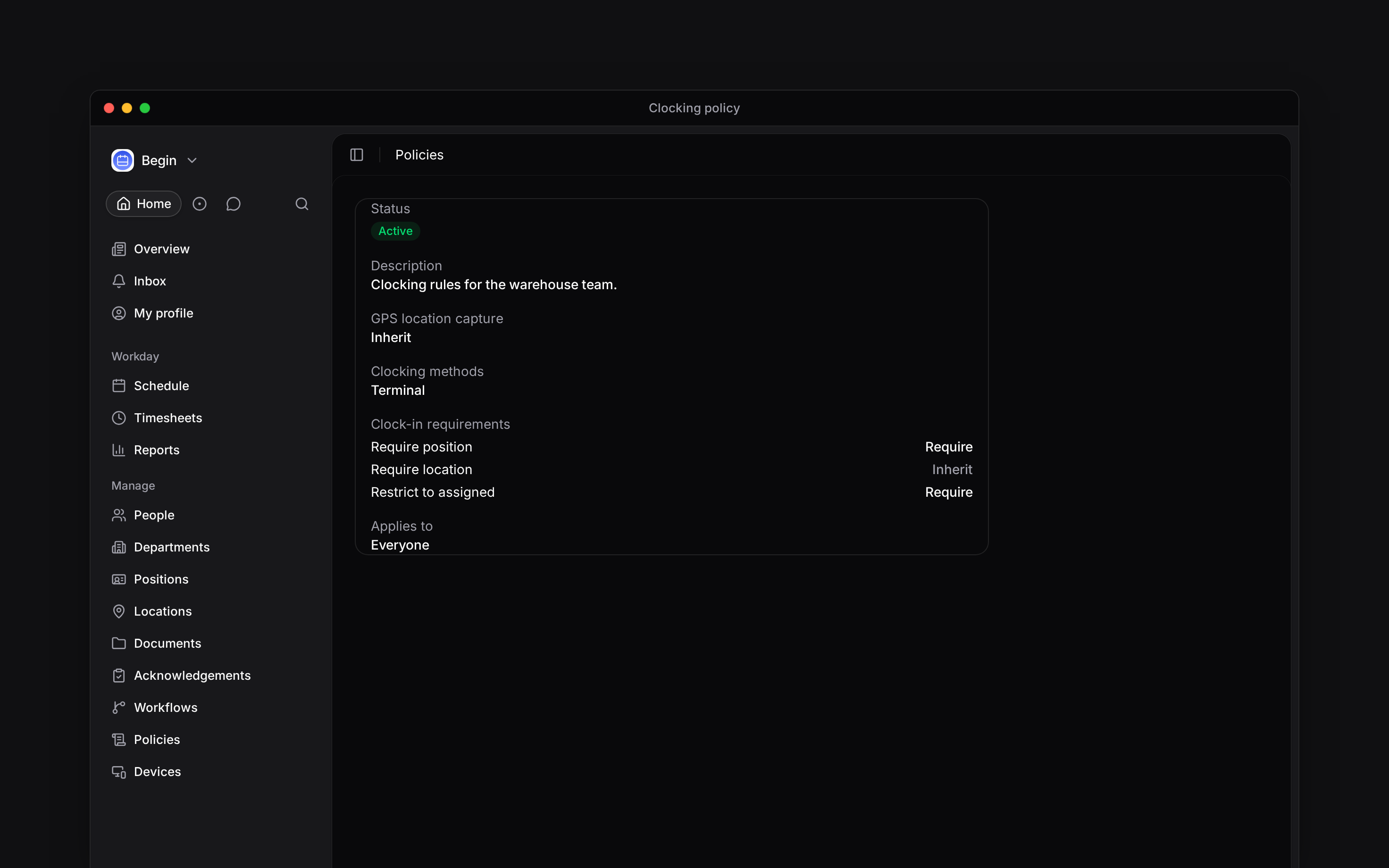 A clocking policy with Terminal enabled alongside position-selection settings
