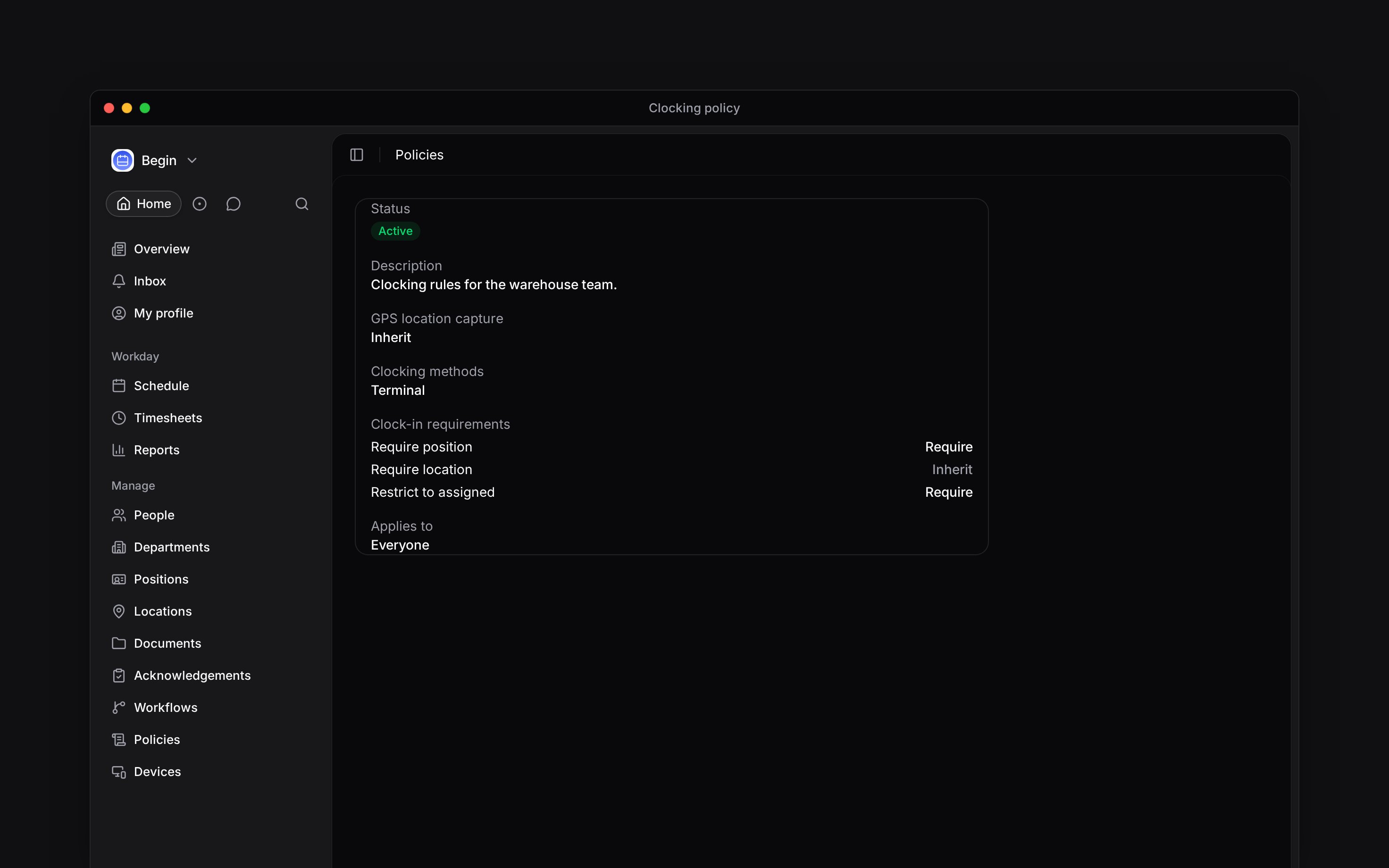 A clocking policy with Terminal enabled alongside position-selection settings
