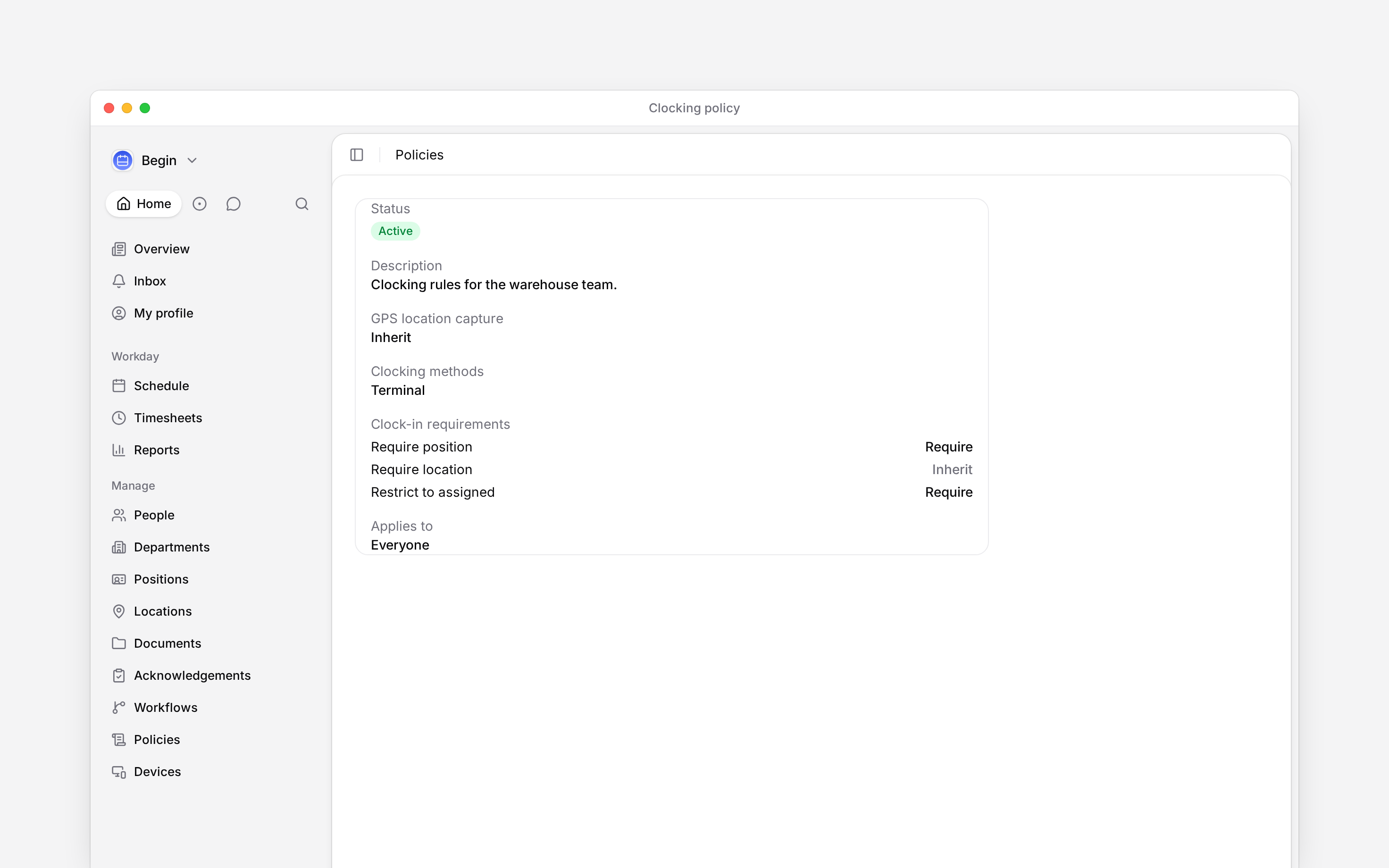 A clocking policy with Terminal enabled alongside position-selection settings