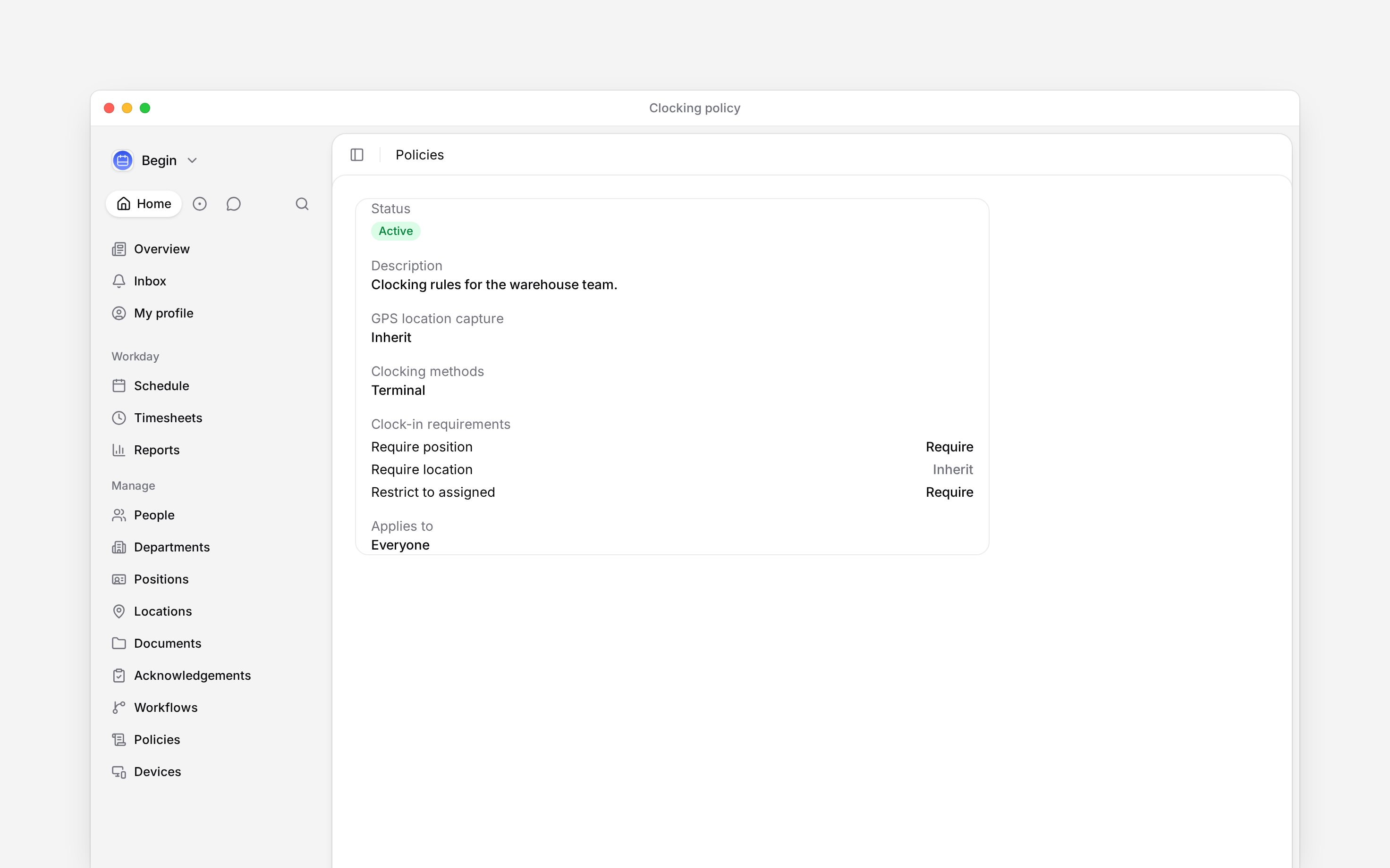 A clocking policy with Terminal enabled alongside position-selection settings