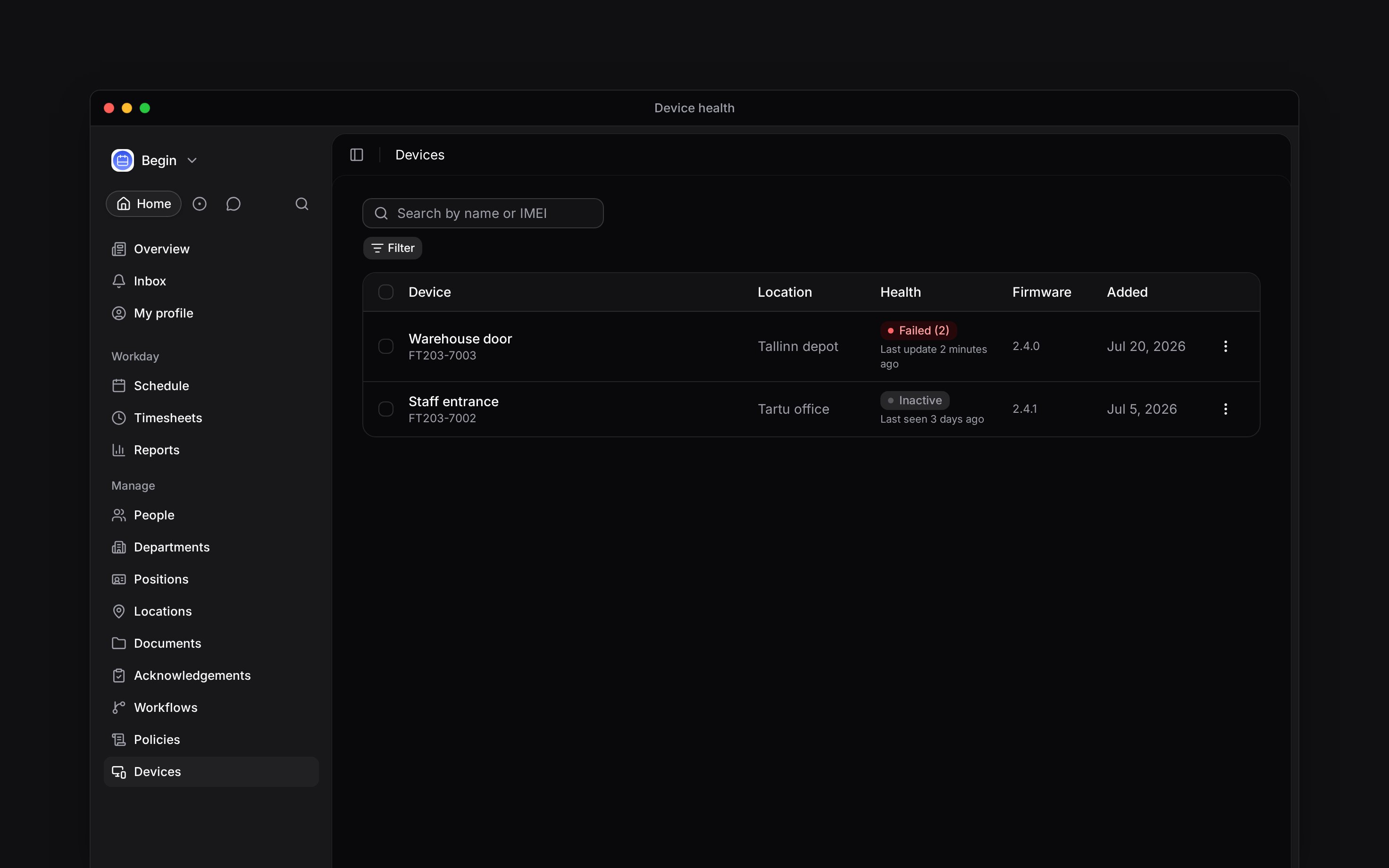 The Devices list showing Warehouse door with two failed identifier syncs and Staff entrance inactive
