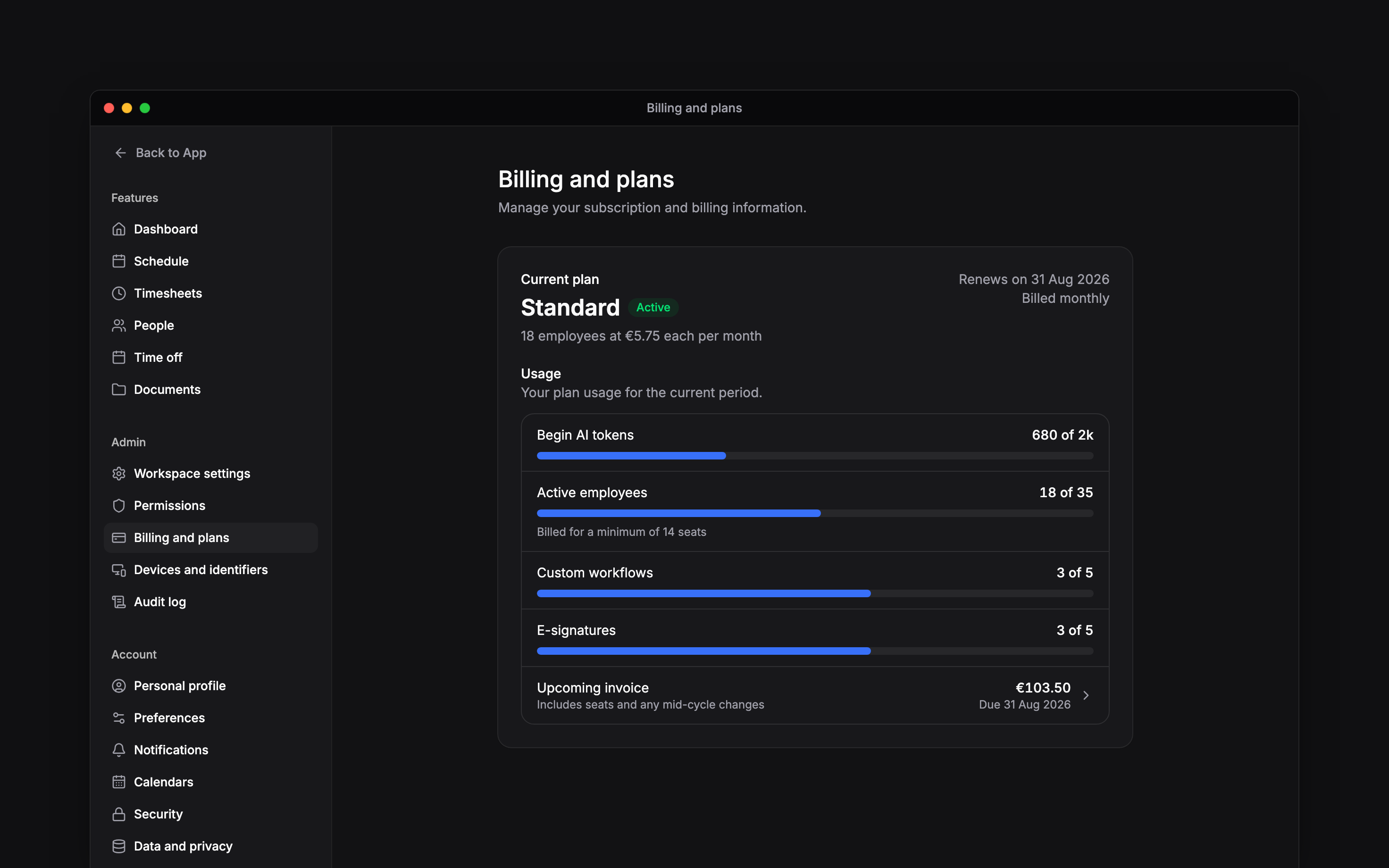 Billing and plans showing the Standard plan with usage for Begin AI tokens, active employees, custom workflows and e-signatures