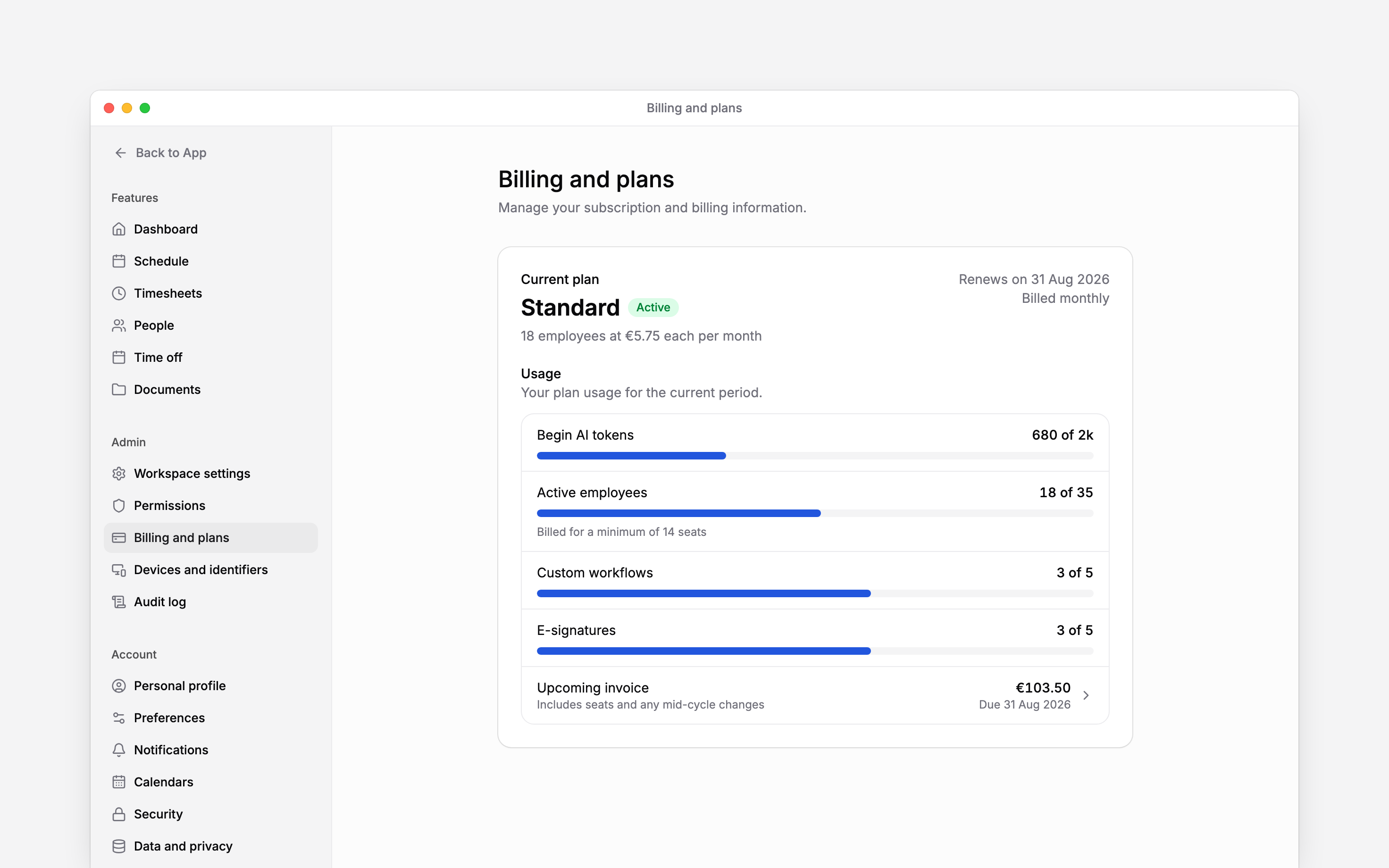 Billing and plans showing the Standard plan with usage for Begin AI tokens, active employees, custom workflows and e-signatures