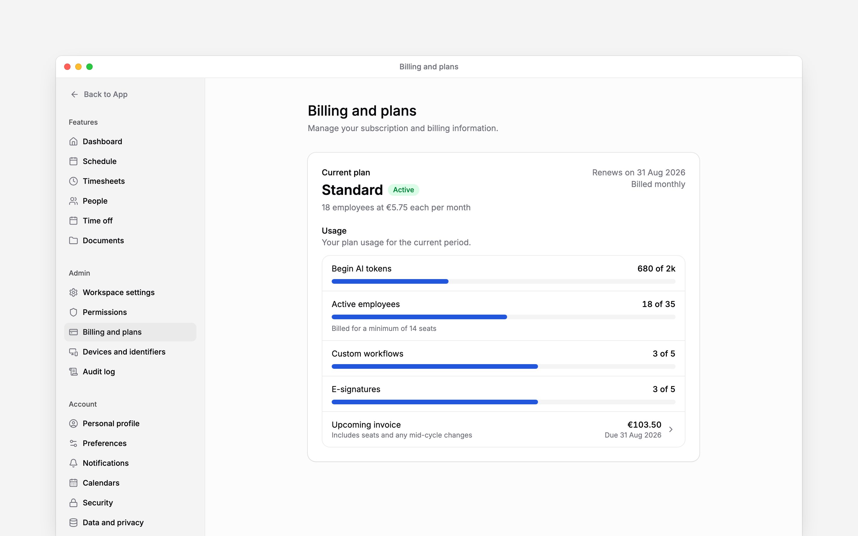 Billing and plans showing the Standard plan with usage for Begin AI tokens, active employees, custom workflows and e-signatures