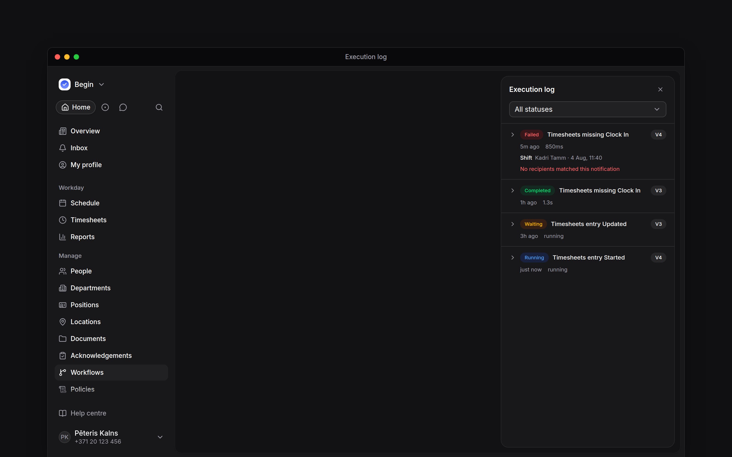 The Execution log panel with completed, running, waiting and failed workflow runs