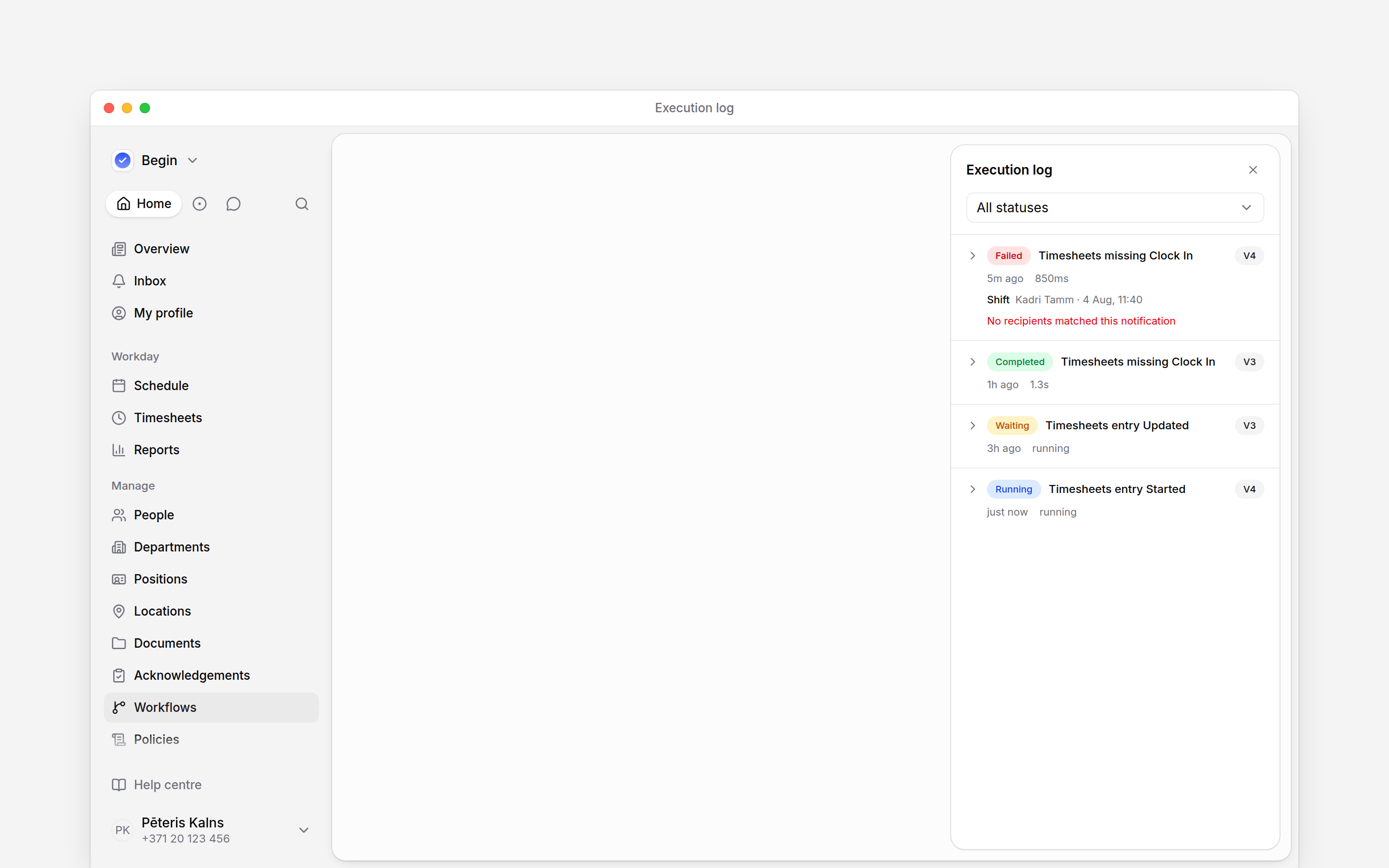 The Execution log panel with completed, running, waiting and failed workflow runs