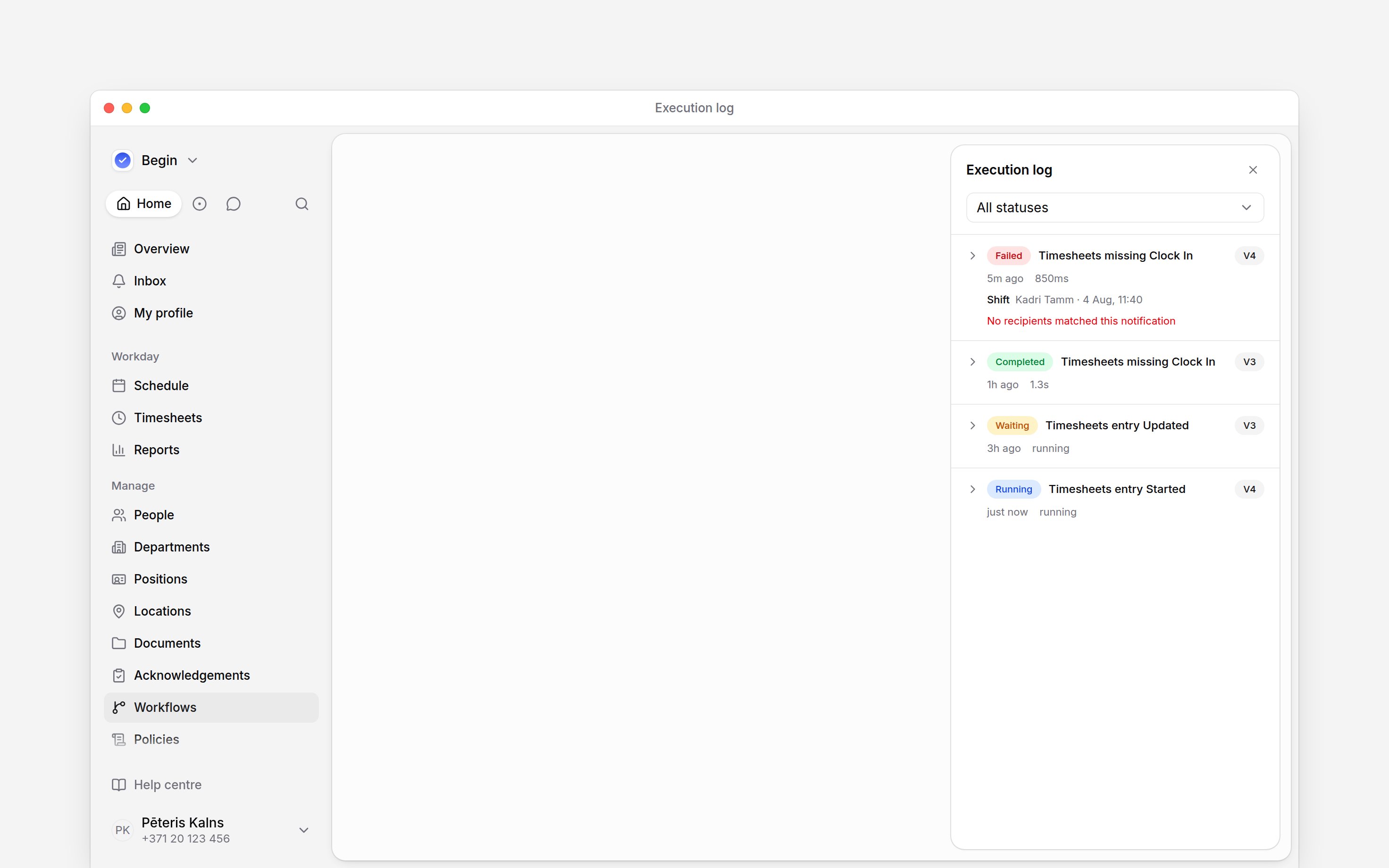 The Execution log panel with completed, running, waiting and failed workflow runs