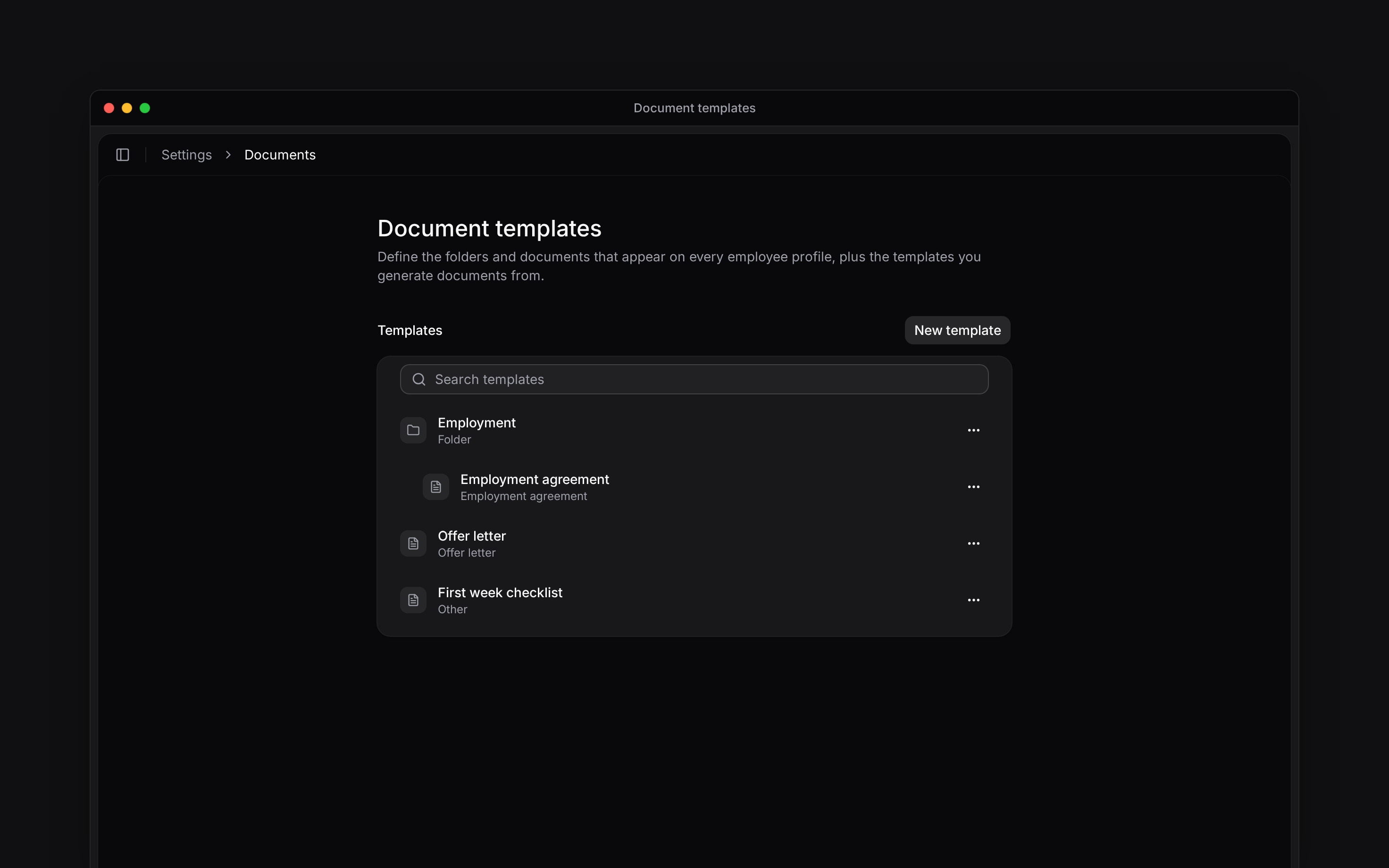 Document templates list with an employment folder, agreement, offer letter and checklist