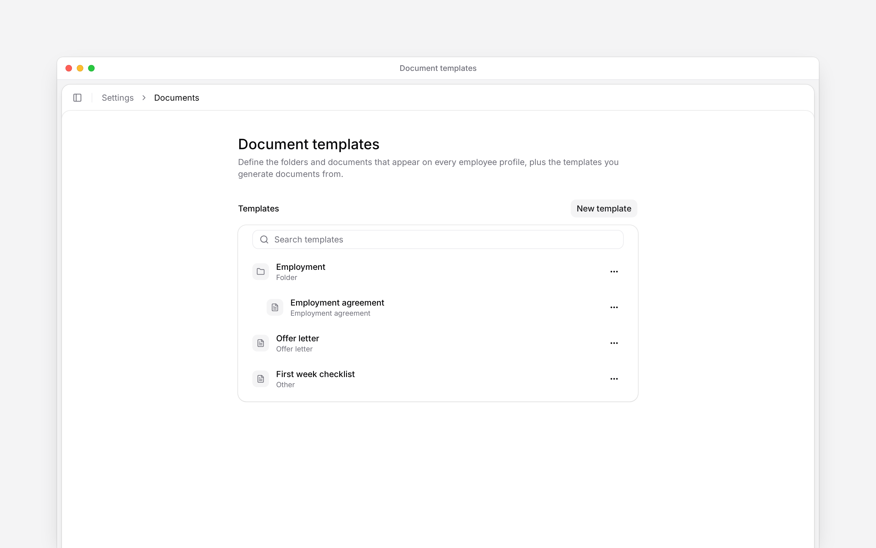 Document templates list with an employment folder, agreement, offer letter and checklist