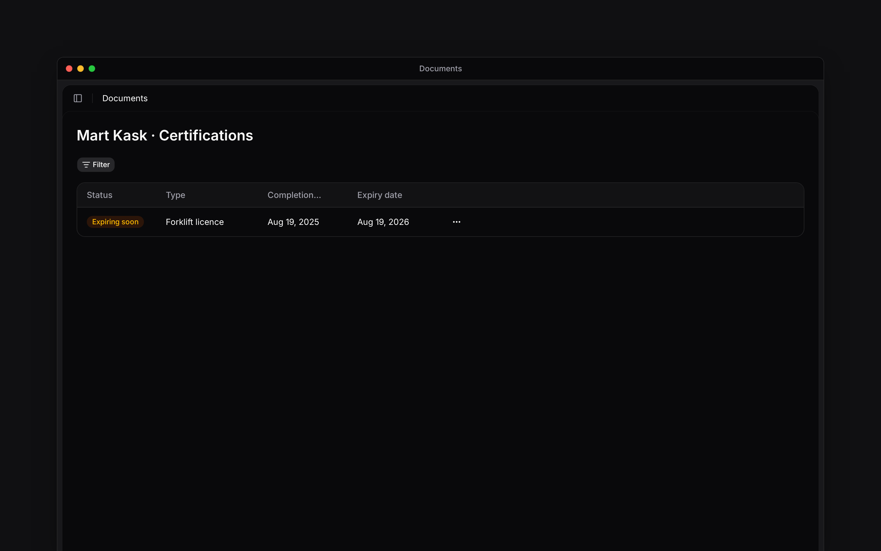 Forklift licence record with completion and expiry dates and Expiring soon status