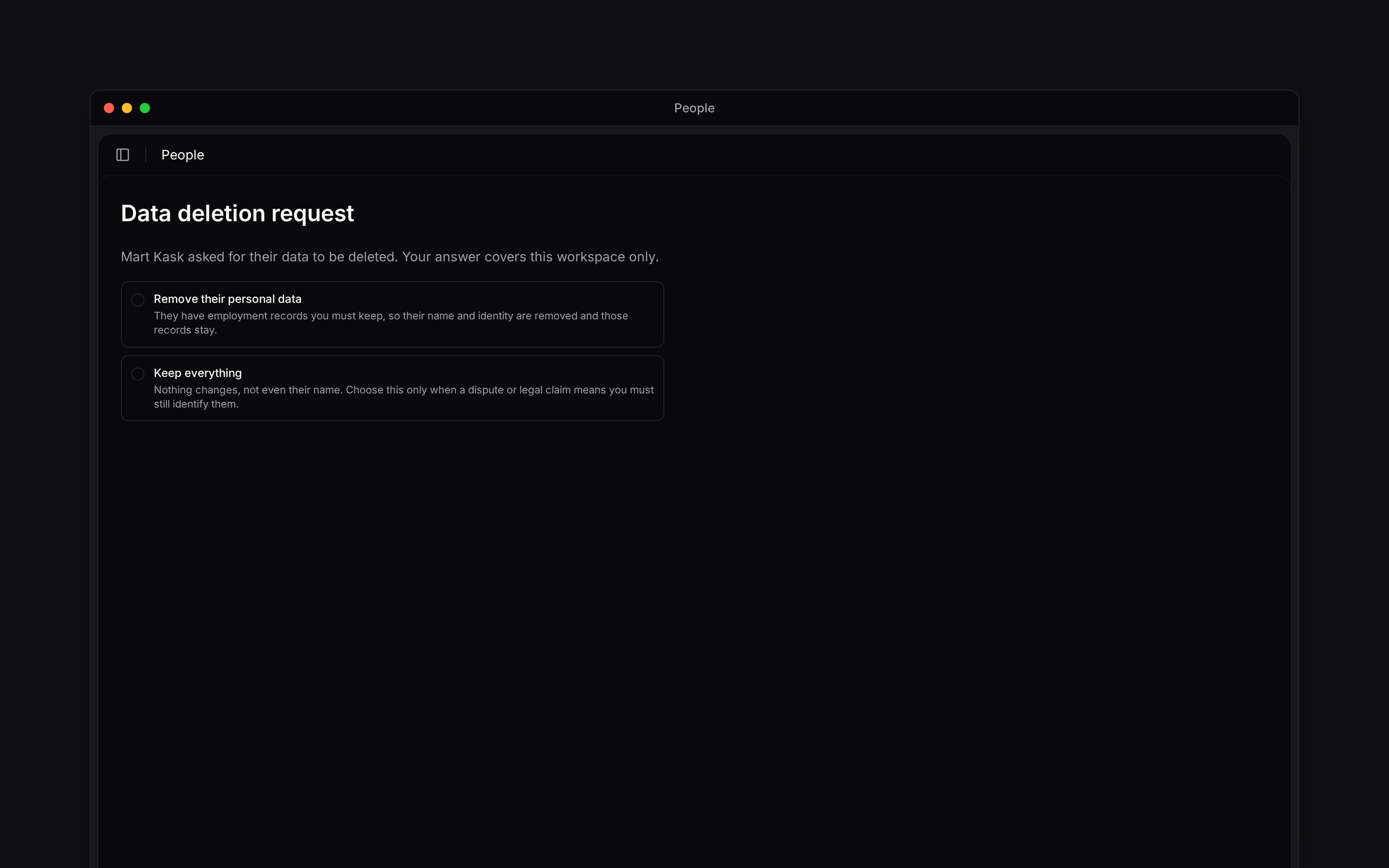 Data request choices to remove personal data or keep everything