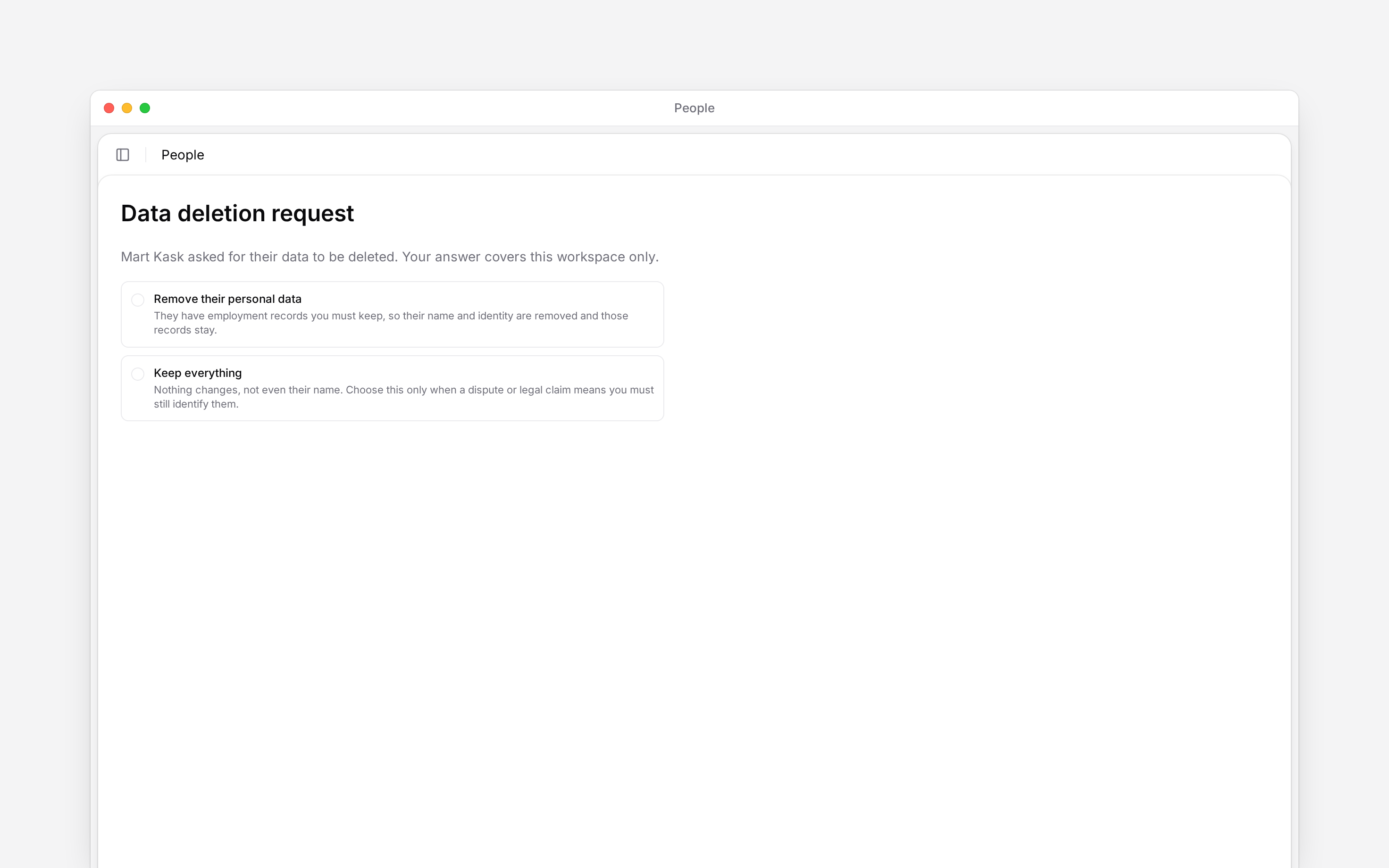 Data request choices to remove personal data or keep everything