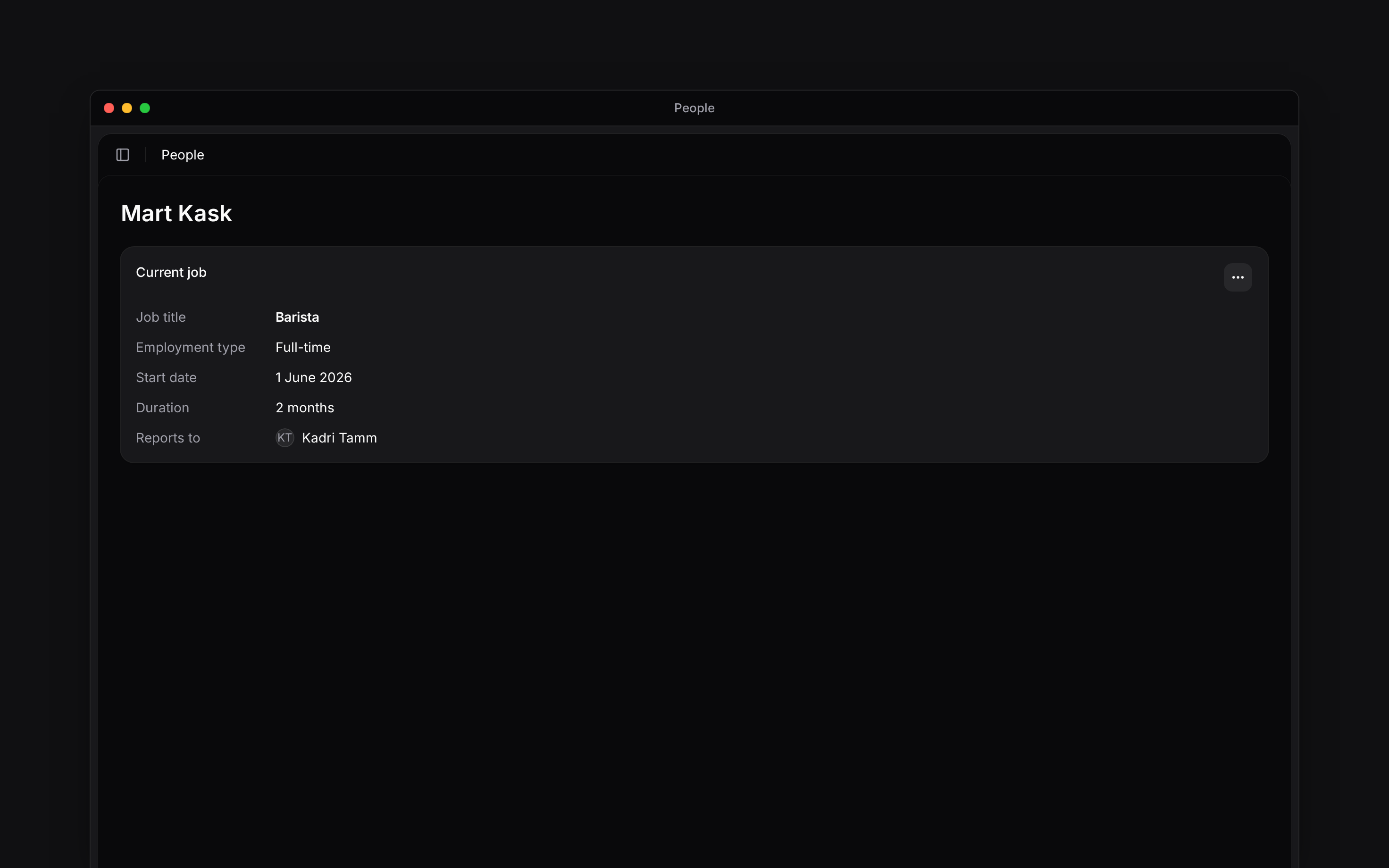 Current job with its title, start date, reporting manager and action menu