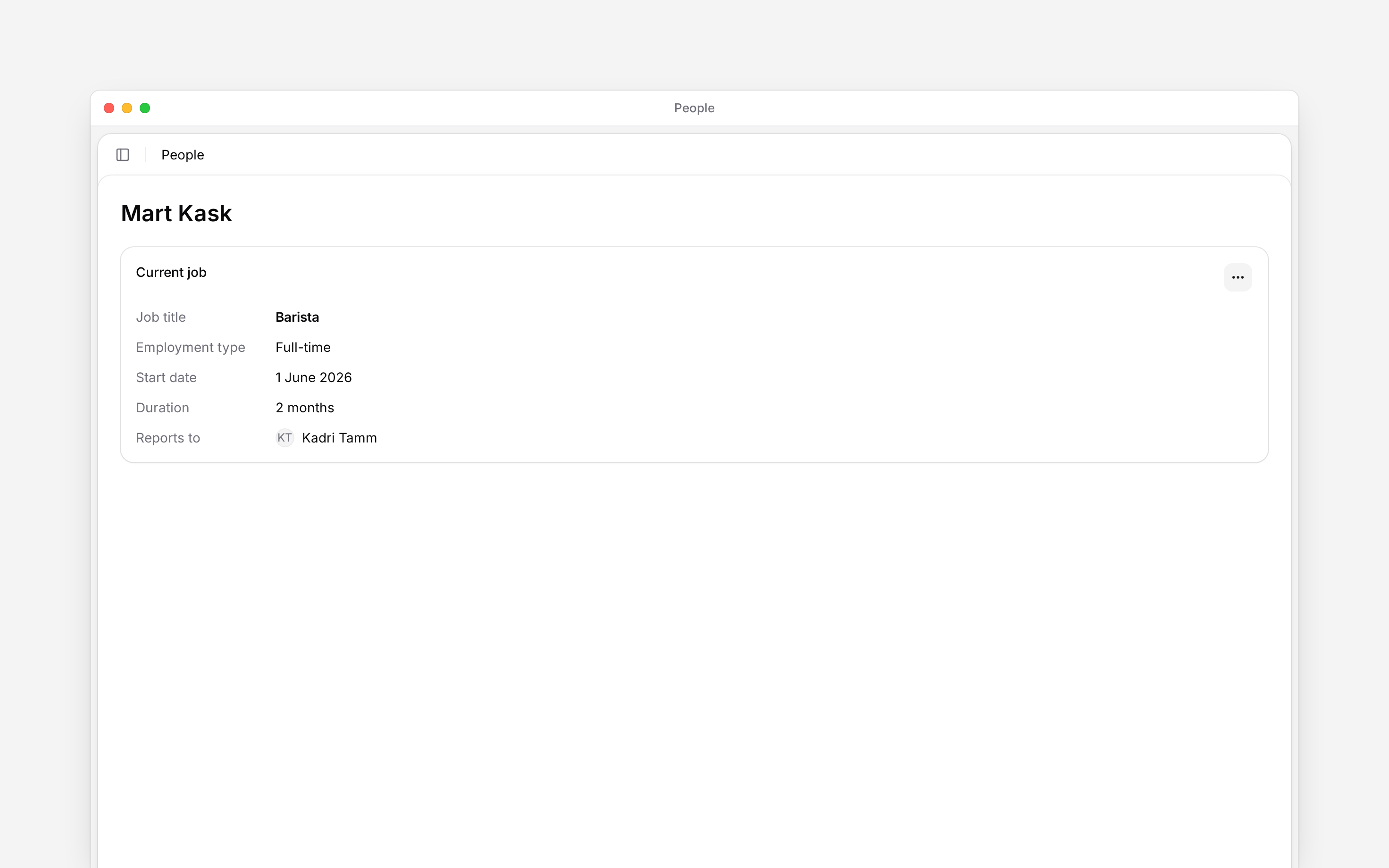Current job with its title, start date, reporting manager and action menu