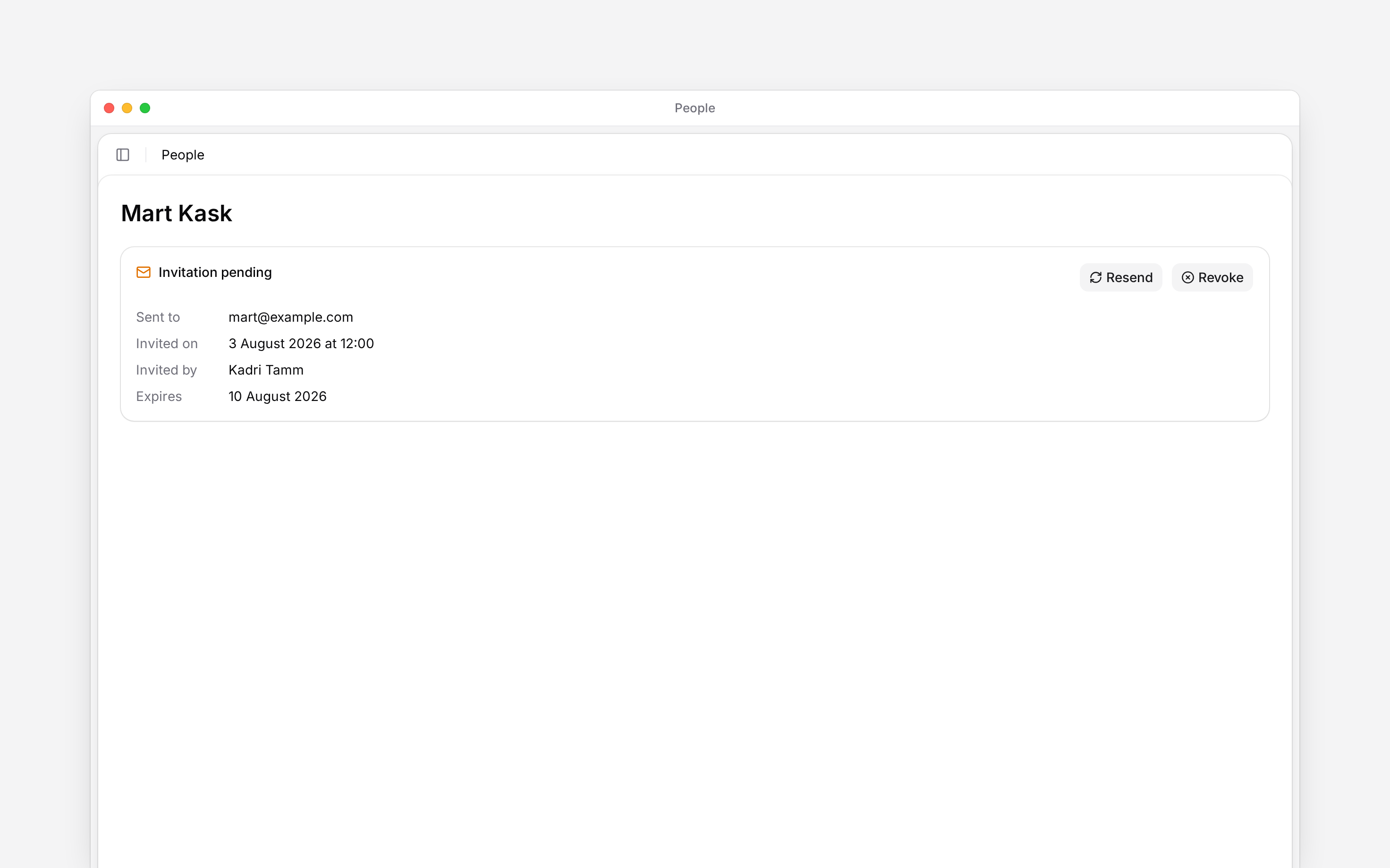 Pending invitation with Resend, Revoke and the expiry date