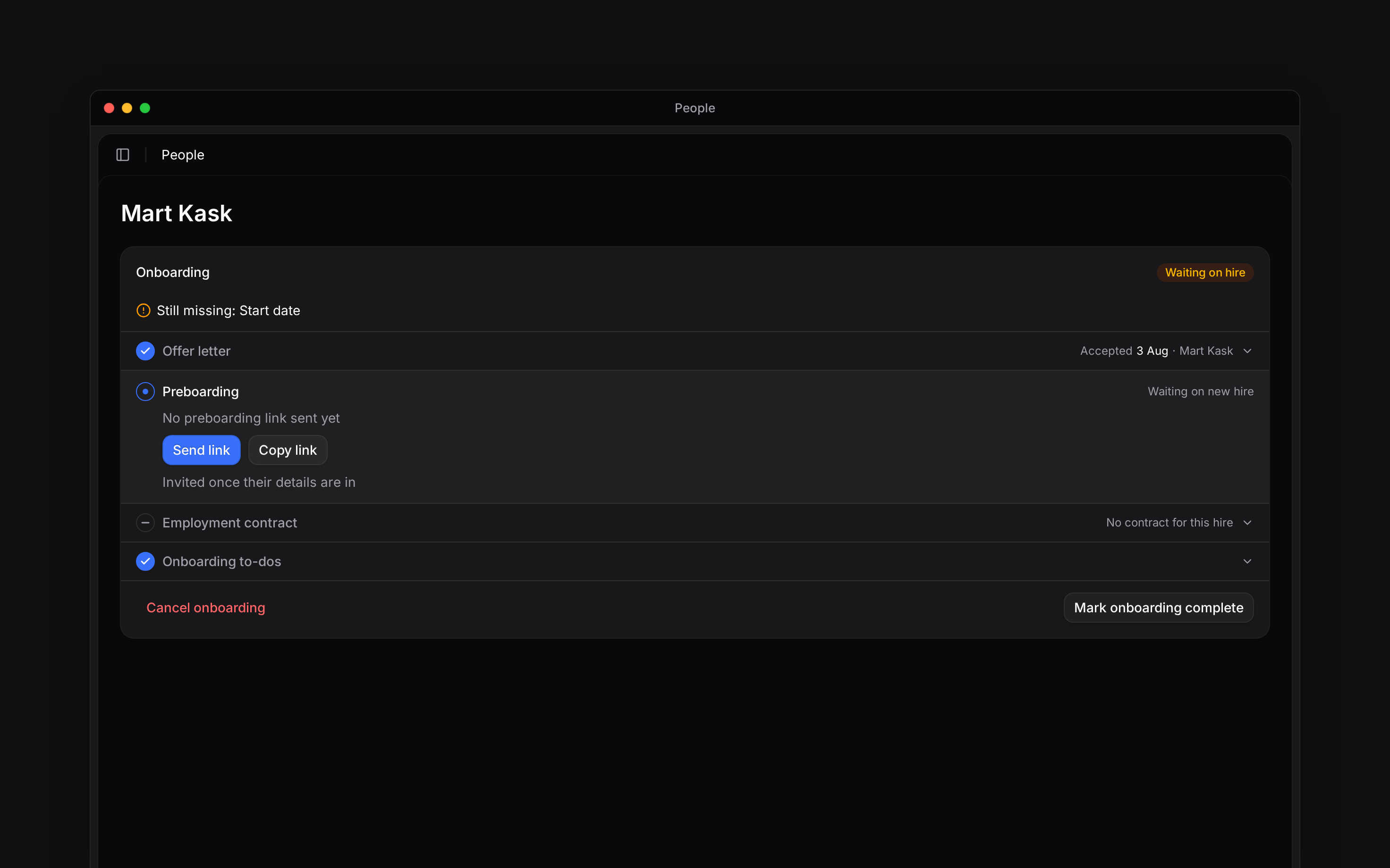 Onboarding progress with an accepted offer and a preboarding link ready to send