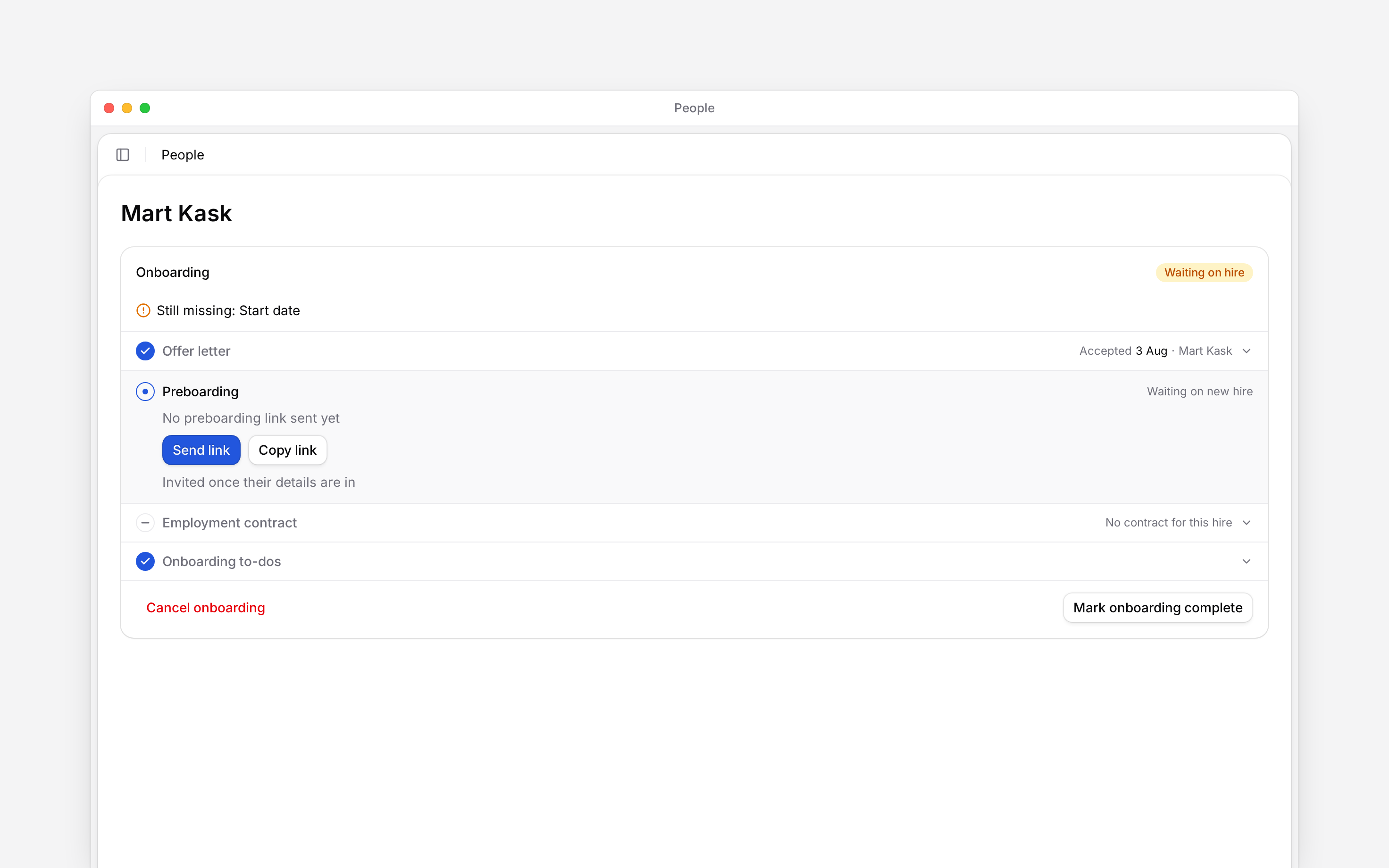 Onboarding progress with an accepted offer and a preboarding link ready to send