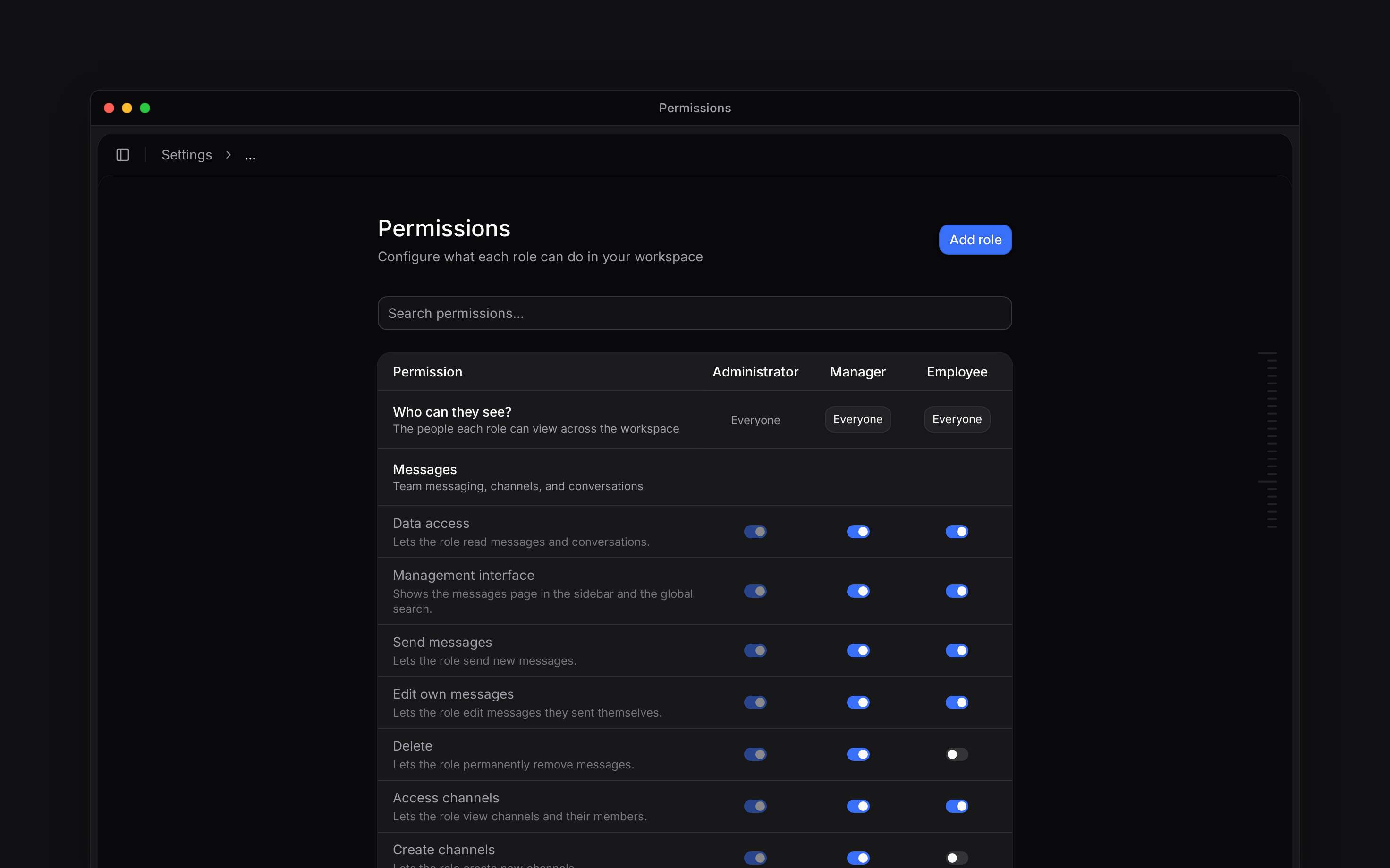 Permissions matrix for Administrator, Manager and Employee, with visibility controls