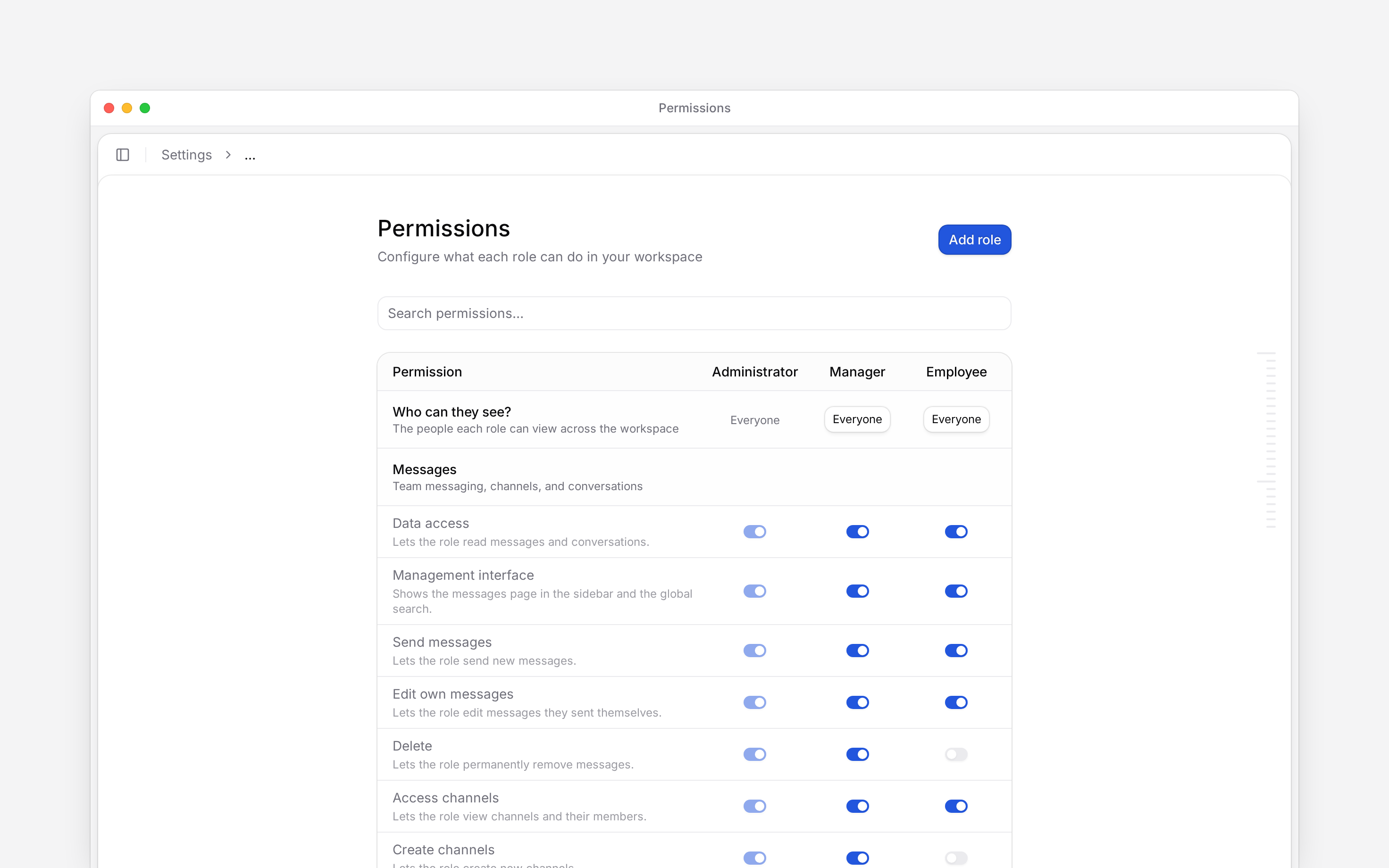 Permissions matrix for Administrator, Manager and Employee, with visibility controls