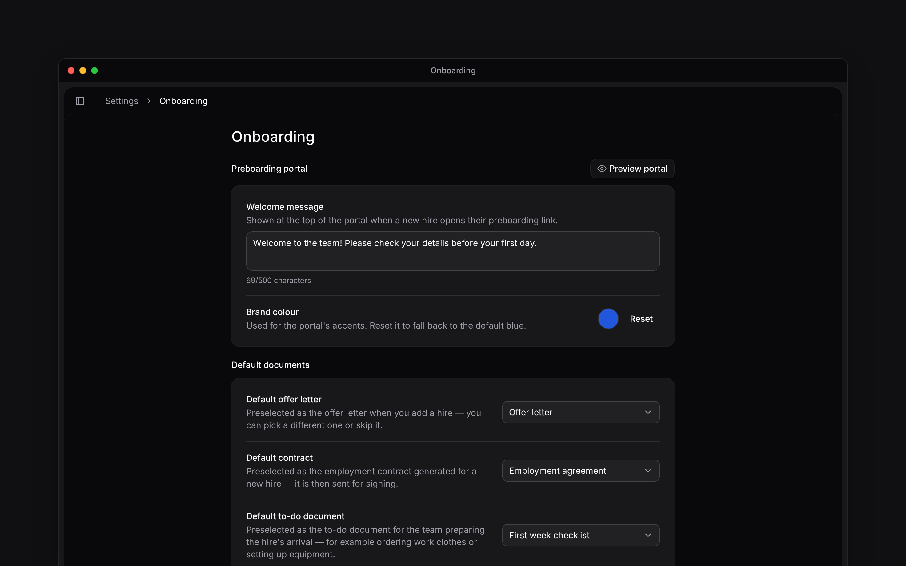 Onboarding settings with the welcome message, brand colour and three default documents