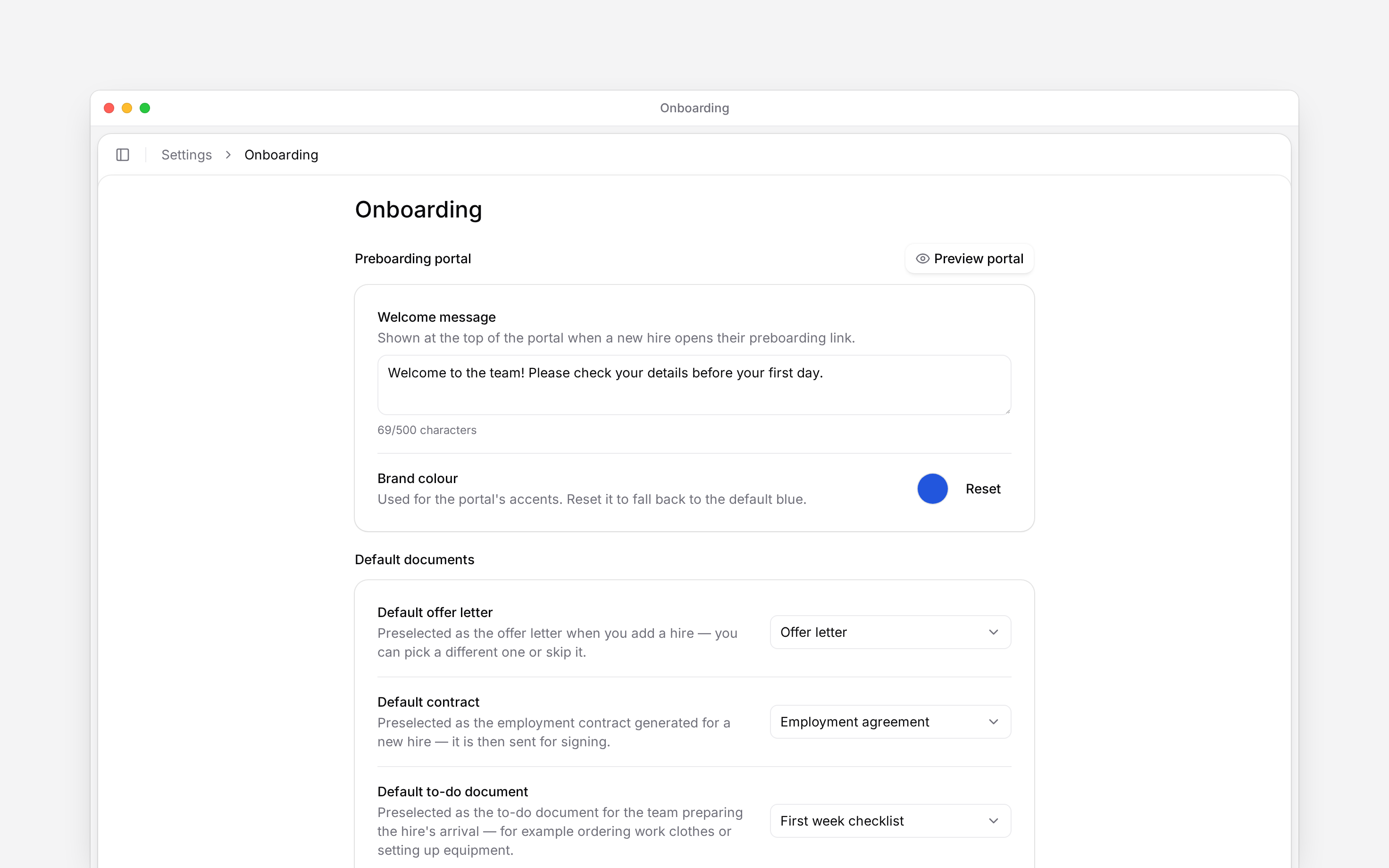 Onboarding settings with the welcome message, brand colour and three default documents