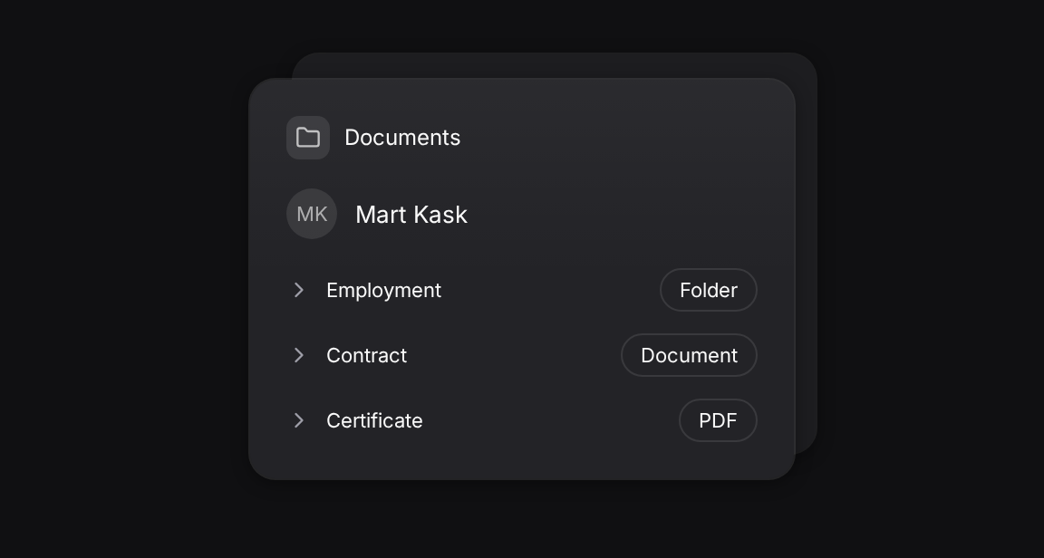 A member’s Documents list with a folder and two named files