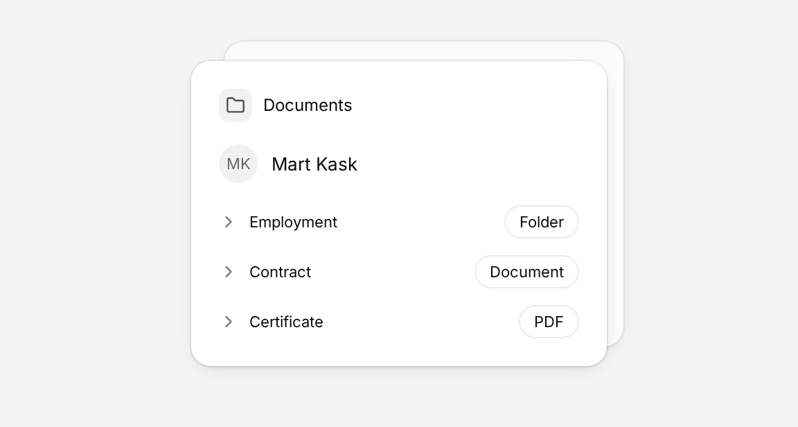 A member’s Documents list with a folder and two named files