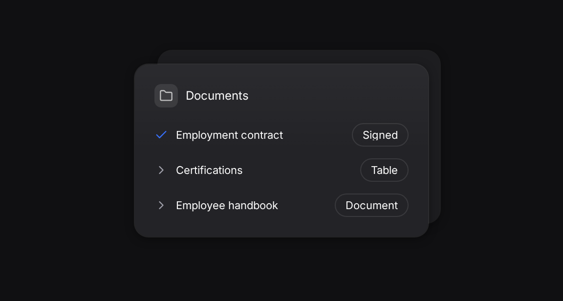A folder containing a contract, certification record and employee handbook