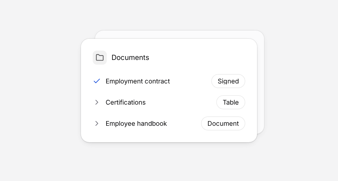 A folder containing a contract, certification record and employee handbook