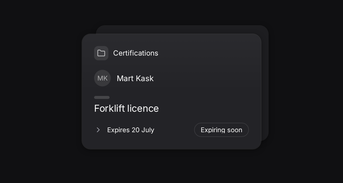 A forklift licence record with an expiry date and Expiring soon status