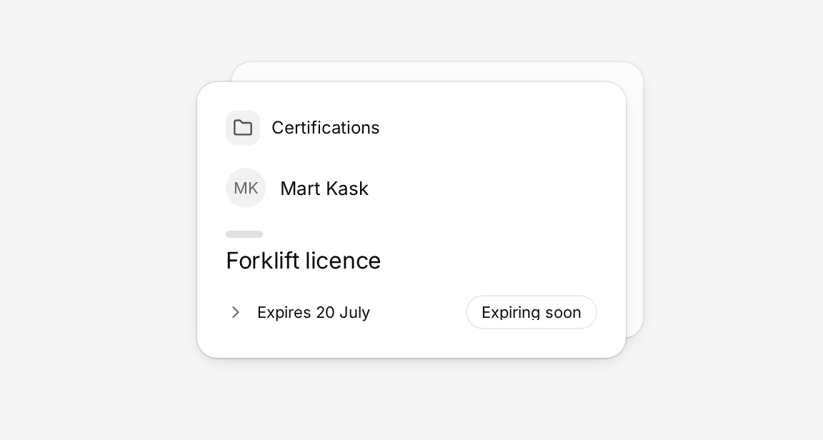 A forklift licence record with an expiry date and Expiring soon status